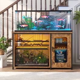 Aheaplus - Heavy Duty 55-75 Gal Aquarium Stand: 880LBS Capacity, Power Outlets, LED Light, Reversible Metal Frame & Storage Cabinet - Rustic Brown