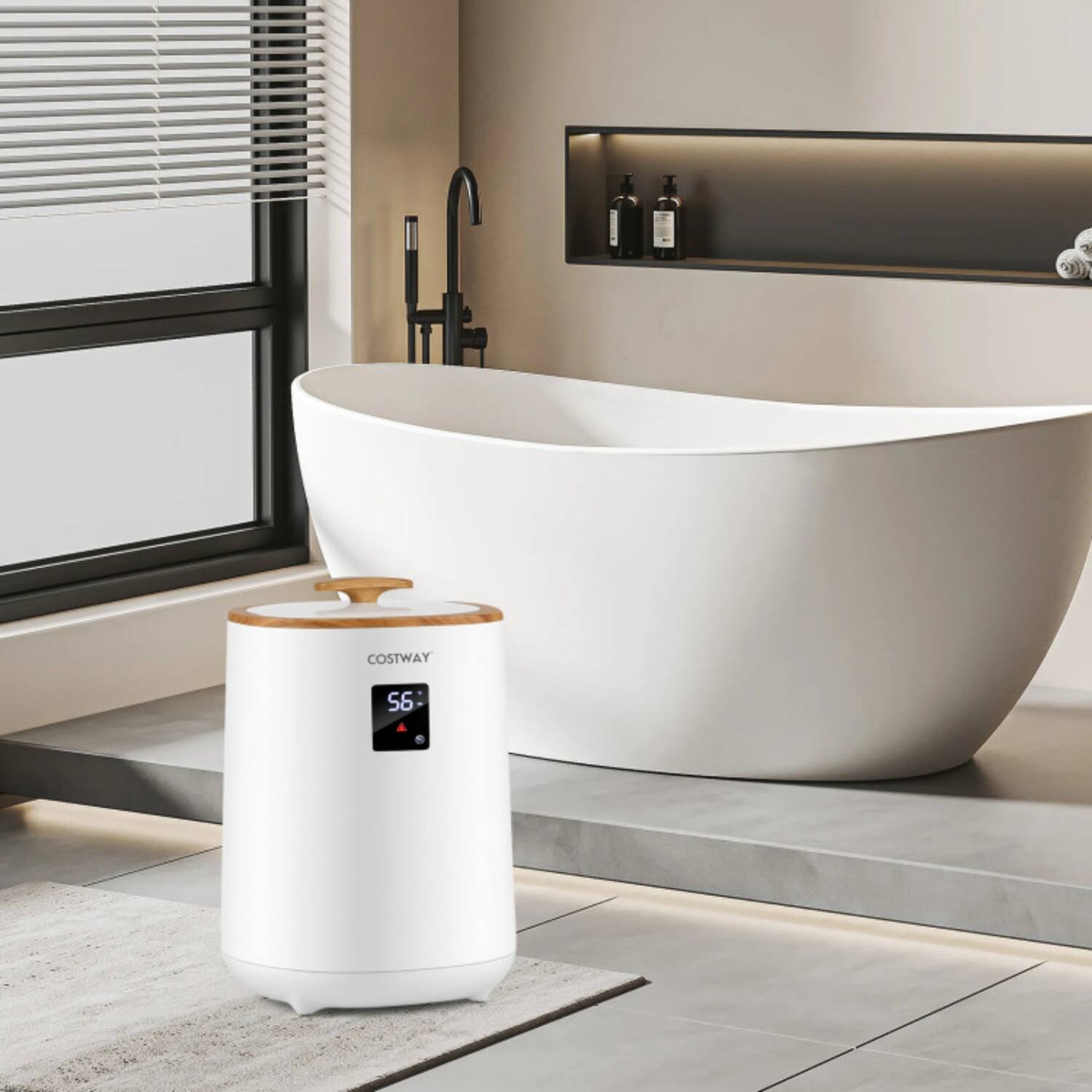 Angle. LUCKY ONE - 18L Freestanding Blanket Towel Warmer with LED Display and Auto Shut-Off - White.