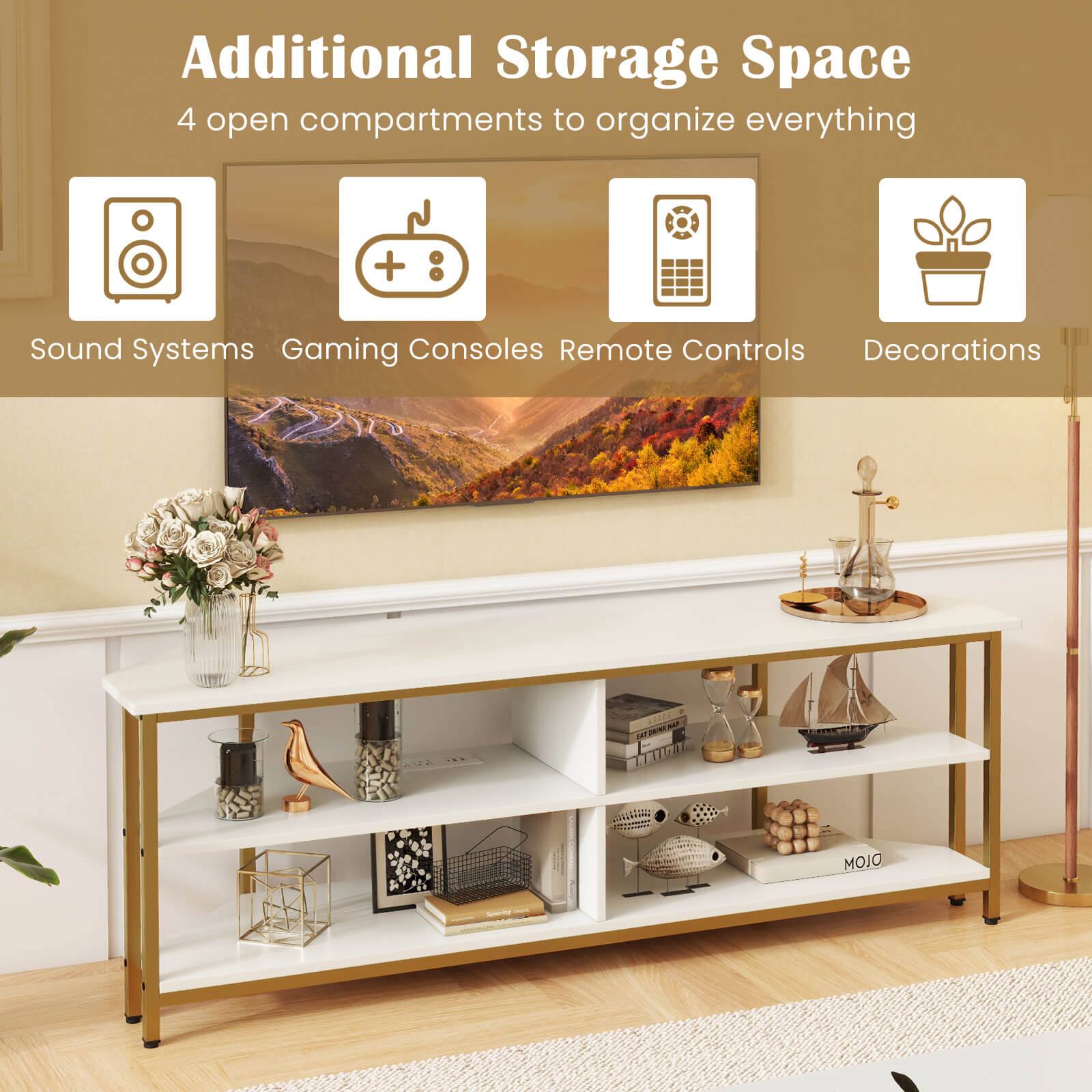 Additional Storage Space: 4 open compartments to organize everything.

Features:

* Sound Systems
* Gaming Consoles
* Remote Controls
* Decorations