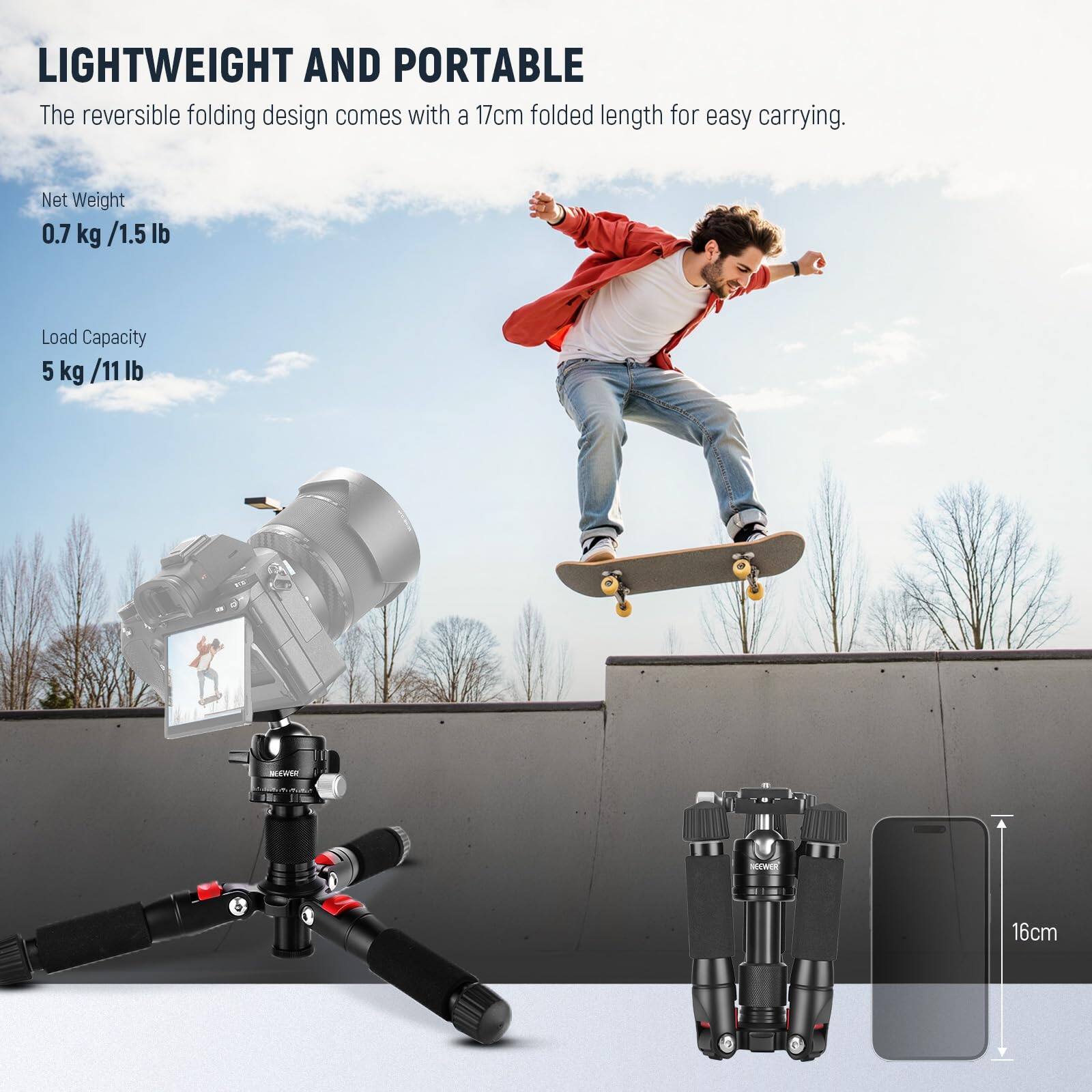 LIGHTWEIGHT AND PORTABLE  
The reversible folding design comes with a 17cm folded length for easy carrying.  

Net Weight  
0.7 kg / 1.5 lb  

Load Capacity  
5 kg / 11 lb  

16cm