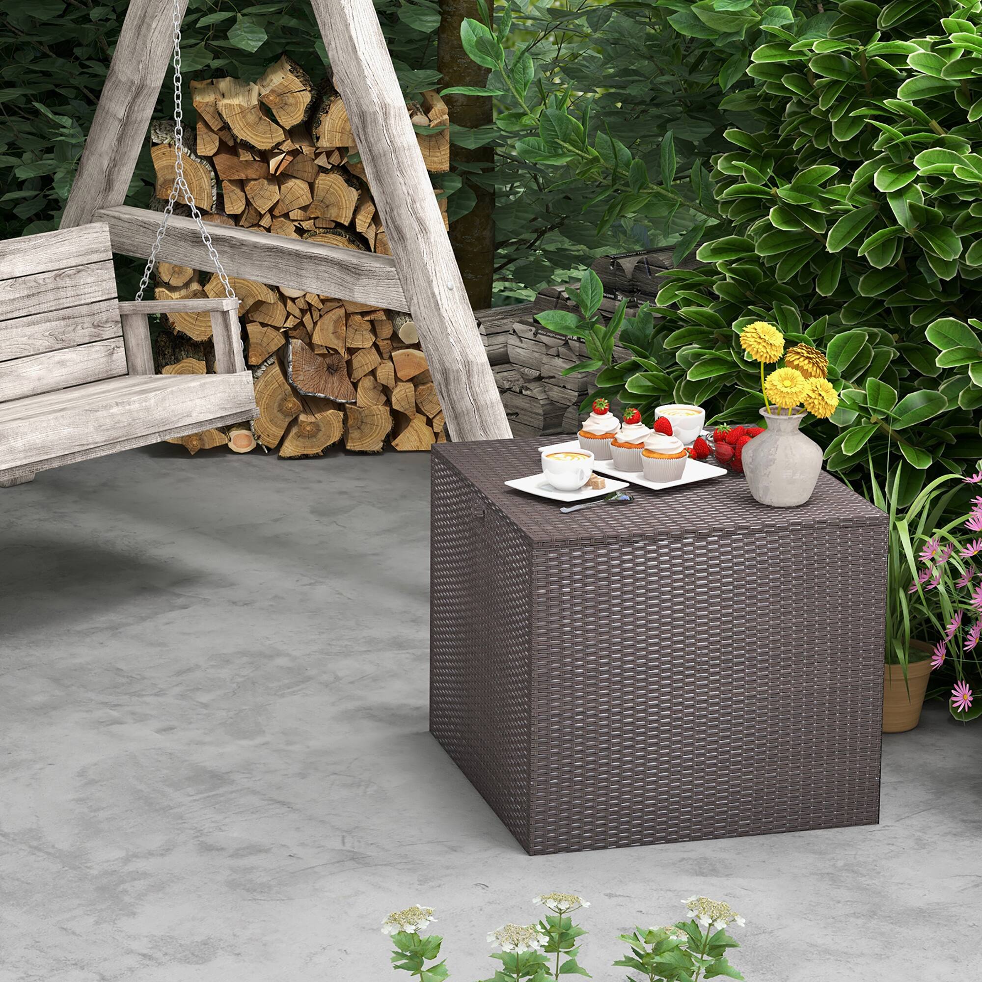 Alt View 3. Costway - Costway  72 Gallon Patio Rattan Wicker Storage Deck Box Container with Liner Garden - Mix Brown.