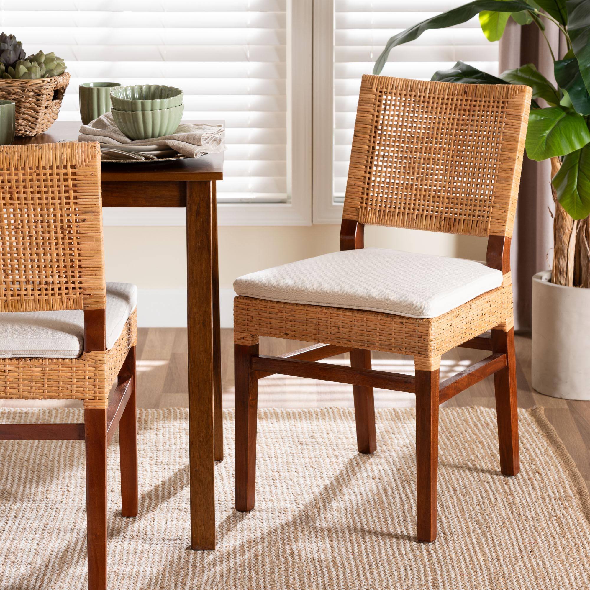 Alt View 4. bali & pari - Lesia Natural Rattan Dining Chair with Cushion - Handwoven Wicker Side Chair with Mahogany Wood Frame - Light Honey/Walnut Brown.