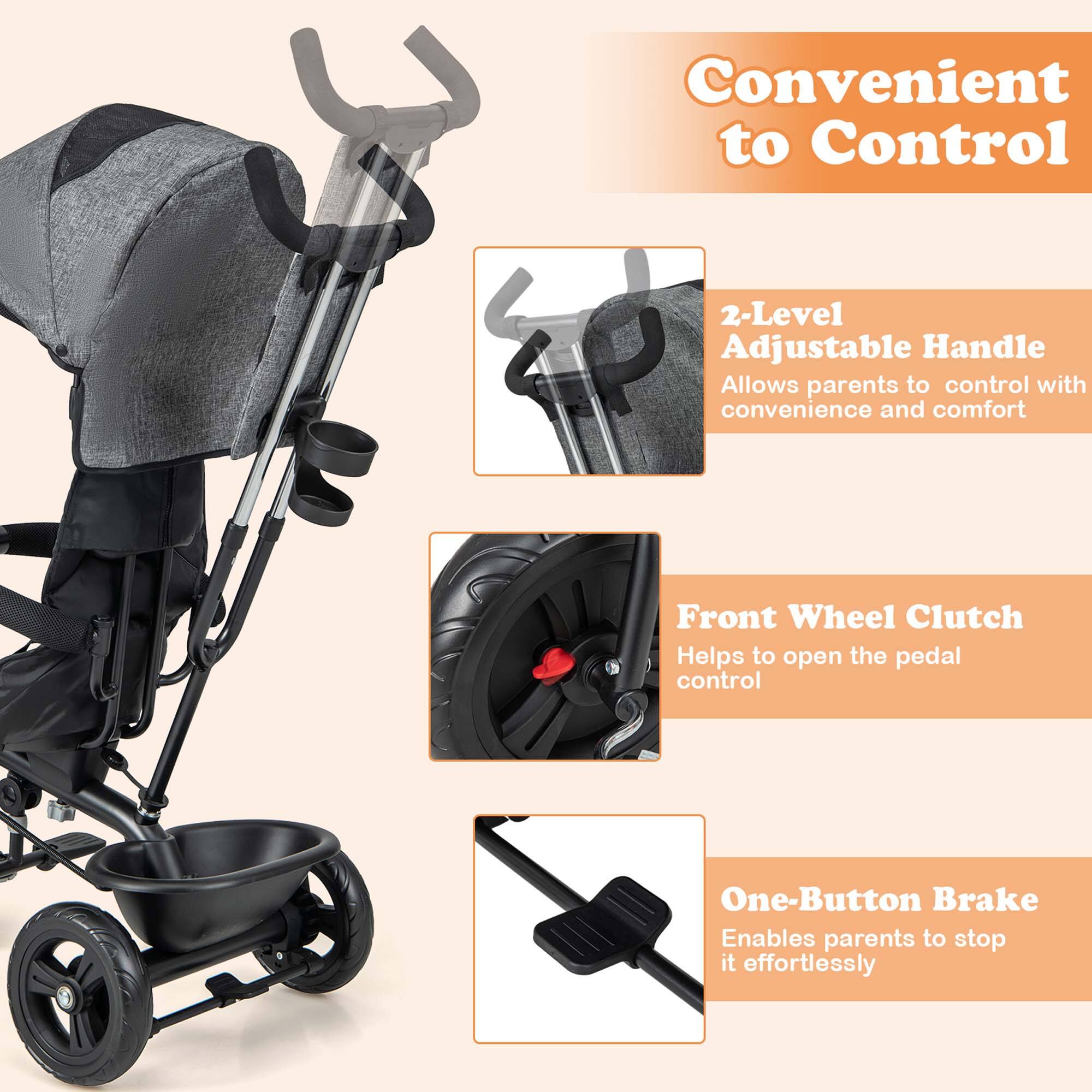 Convenient to Control

2-Level Adjustable Handle  
Allows parents to control with convenience and comfort

Front Wheel Clutch  
Helps to open the pedal control

One-Button Brake  
Enables parents to stop it effortlessly