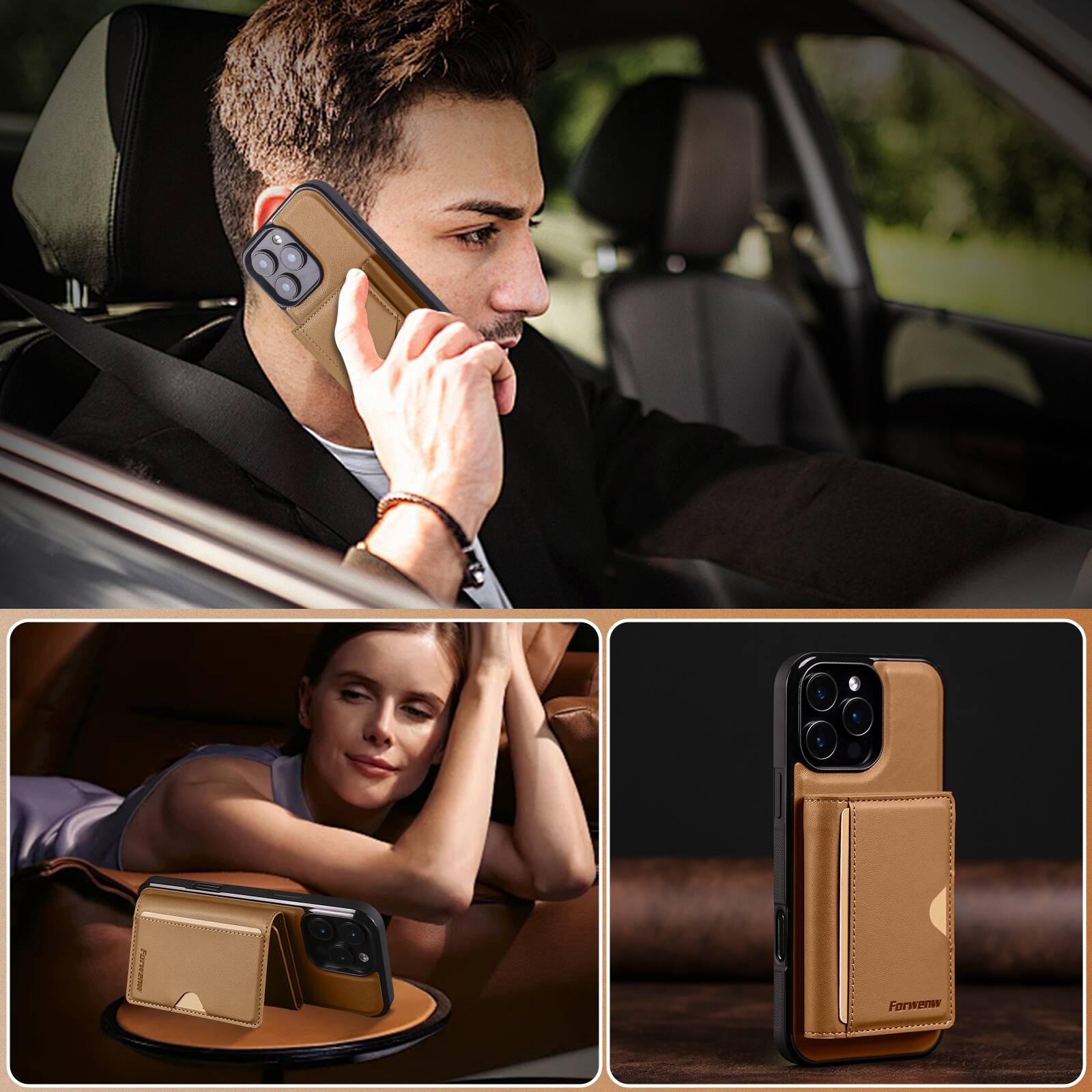Left. Dteck - 2-in-1 Magnetic Detachable Wallet Case for Apple iPhone 16 Pro Max, PU Leather Shockproof Cover with Kickstand - Brown.