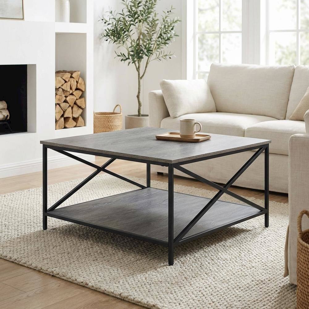 Back. FurniFact - Metal Square Coffee Table Weathered Gray/Black with Shelf Particle Board - Weathered Gray.