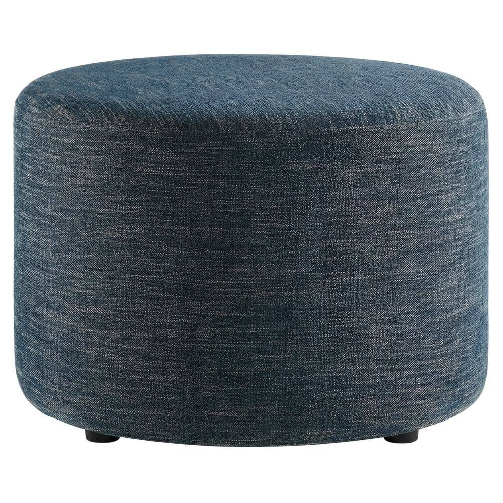Back. Outdoor Escape - Round Woven Heathered Fabric Ottoman with Cushioned Top for Outdoor Lounge - Blue.