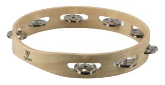 Front. Tycoon Percussion - Single-Row Wooden Tambourine, Sturdy Siam Oak Frame, Bright-Sounding Steel Jingles.