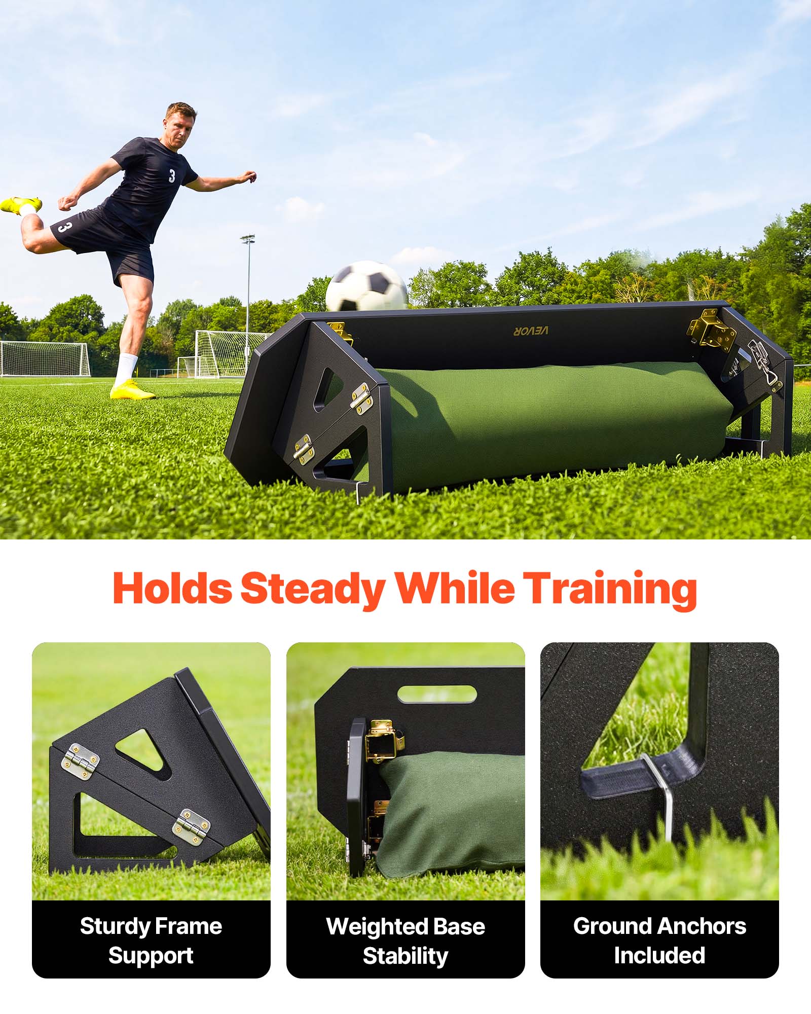3 3 VEVOR 2 Holds Steady While Training  
Sturdy Frame Support  
Weighted Base Stability  
Ground Anchors Included