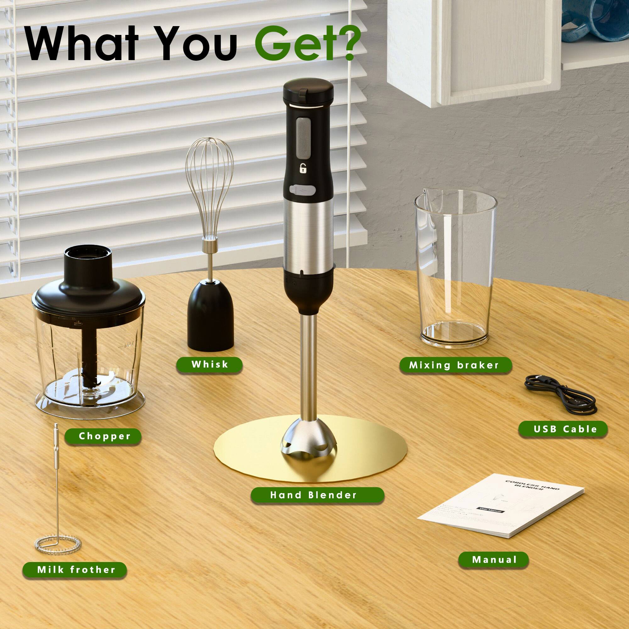 What You Get?

- Whisk
- Chopper
- Milk frother
- Mixing braker
- Hand Blender
- USB Cable
- Manual