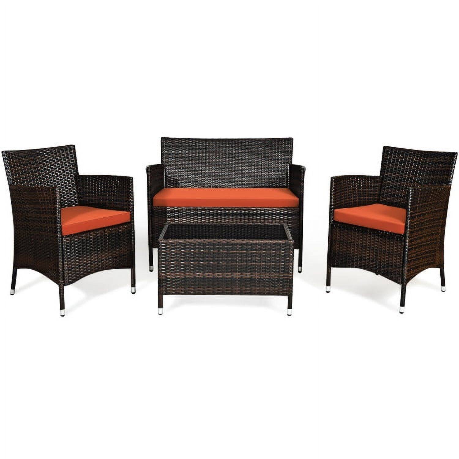 Alt View 1. Pefilos - 4 Pieces Padded Outdoor Rattan Sofa Set, Wicker Furniture Sets, Patio Conversation Sets with Glass Coffee Table - Orange.