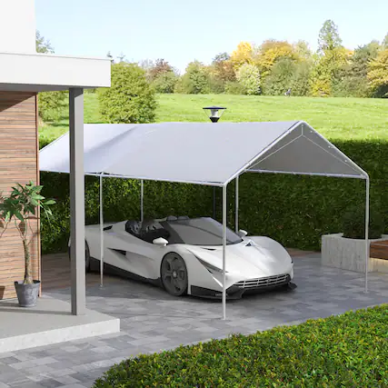 Front. MOOSOO - 10 x 20 Ft Carport, Replacement Canopy Cover Garage Top Tent Shelter Tarp with Ball Bungee Cords (Only Cover) - White.