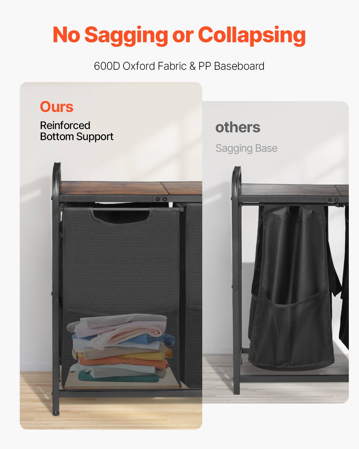 No Sagging or Collapsing

600D Oxford Fabric & PP Baseboard

Ours
Reinforced Bottom Support

others
Sagging Base