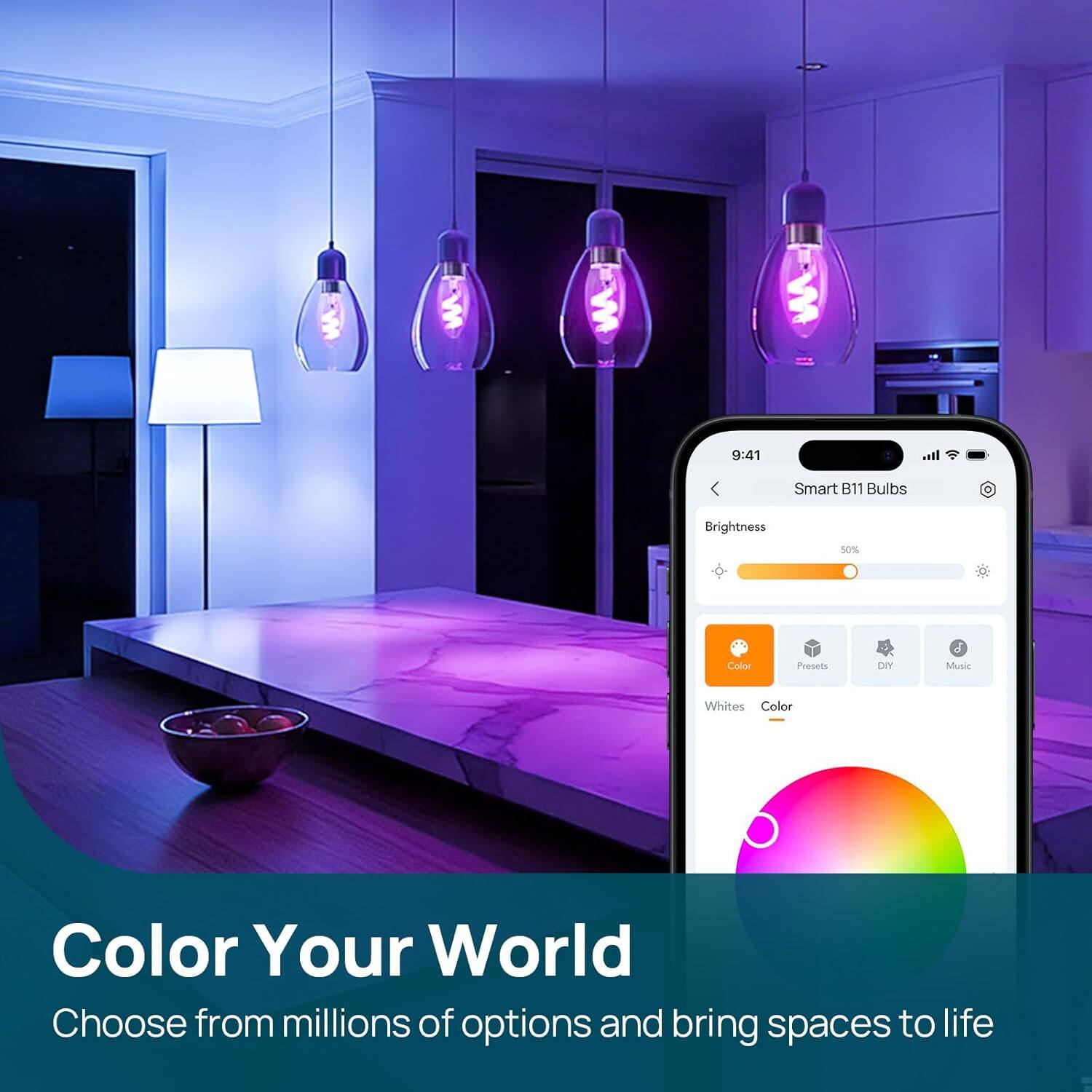 W W W 9:41 Smart B11 Bulbs Brightness 50% Color Presets DIY Music Whites Color Color Your World Choose from millions of options and bring spaces to life