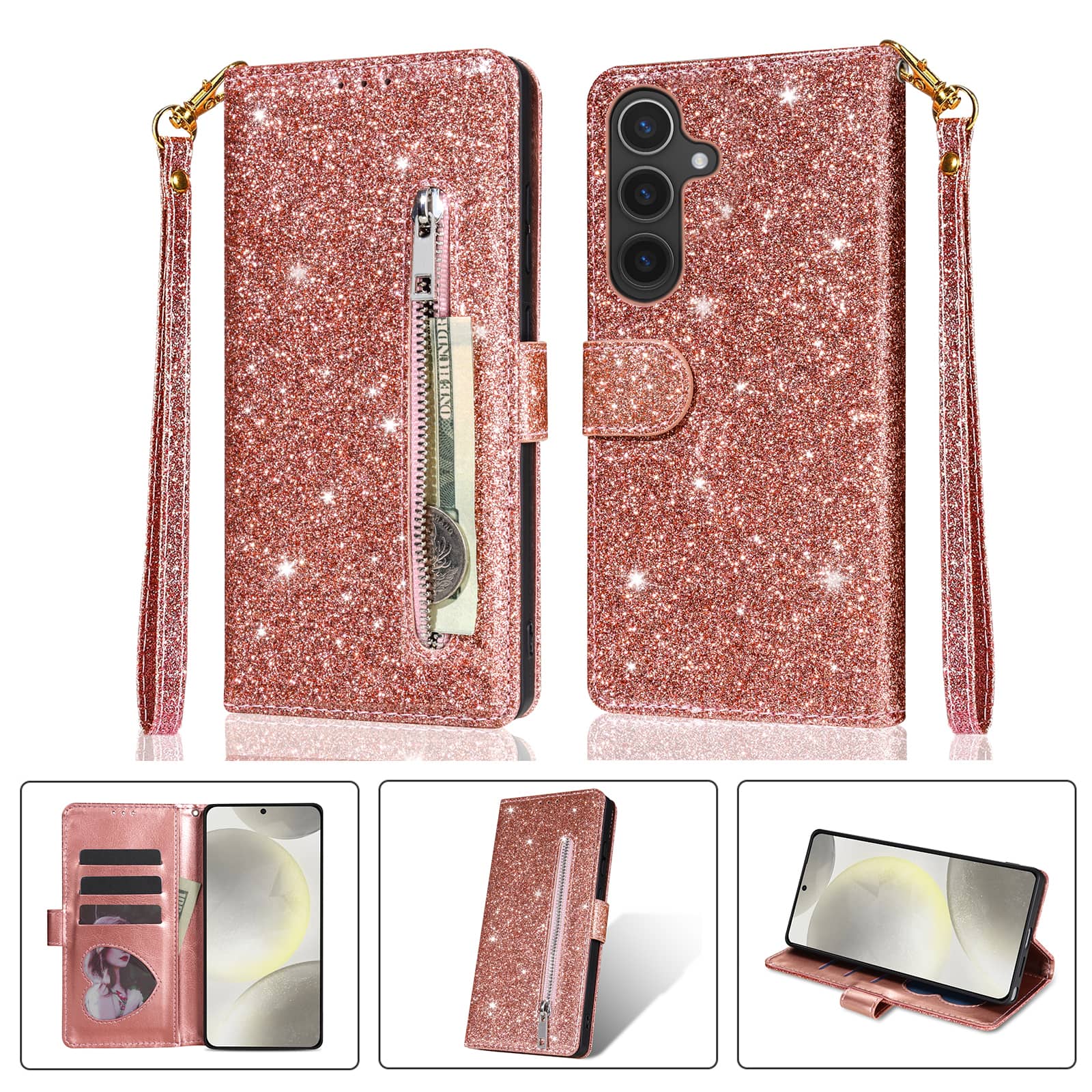 Dteck - Glitter Zipper Wallet Case for Samsung Galaxy A36 5G Card Holder Wrist Strap Shockproof PU Leather Cover - Rosegold