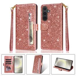 Dteck - for Samsung Galaxy A26 Glitter PU Leather Phone Case,Shockproof Folio Flip Wallet Cover with Zipper Pocket & Lanyard - Rosegold