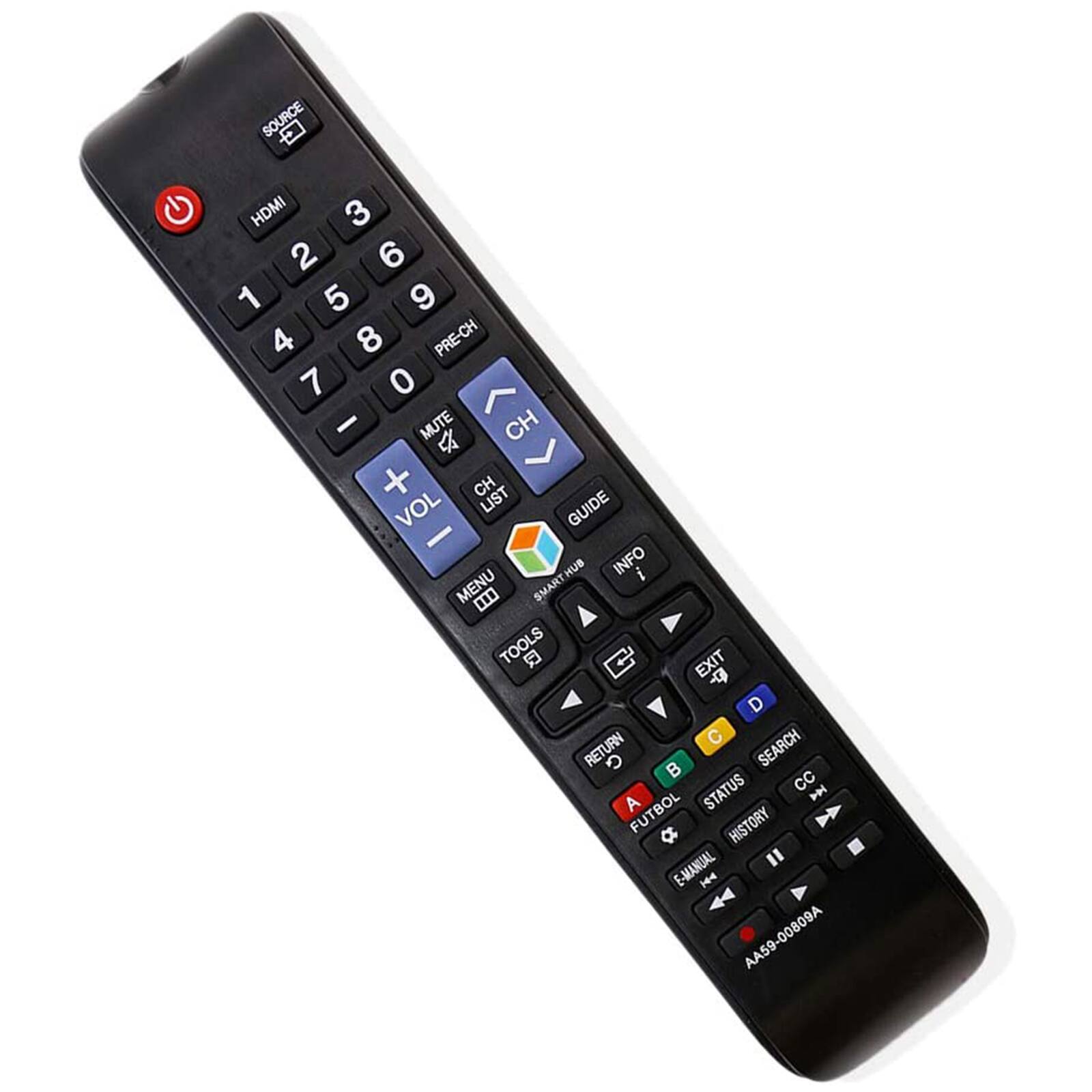 SOURCE HDMI 3 2 6 1 5 9 4 8 PRE-CH 7 0 - MUTE CH + CH LIST VOL GUIDE - HUB INFO i MENU SMART TOOLS EXIT p- D C SEARCH RETURN G STATUS CC A FUTBOL HISTORY E-MANUAL I AA59-00809A