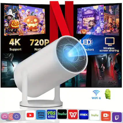 HAPPY HALLOWEEN
4K Support
720P Native
LED Projectors
Wireless screen sharing
WiFi 6
prime video
PBS KIDS
hulu
W
max
hulu
Library