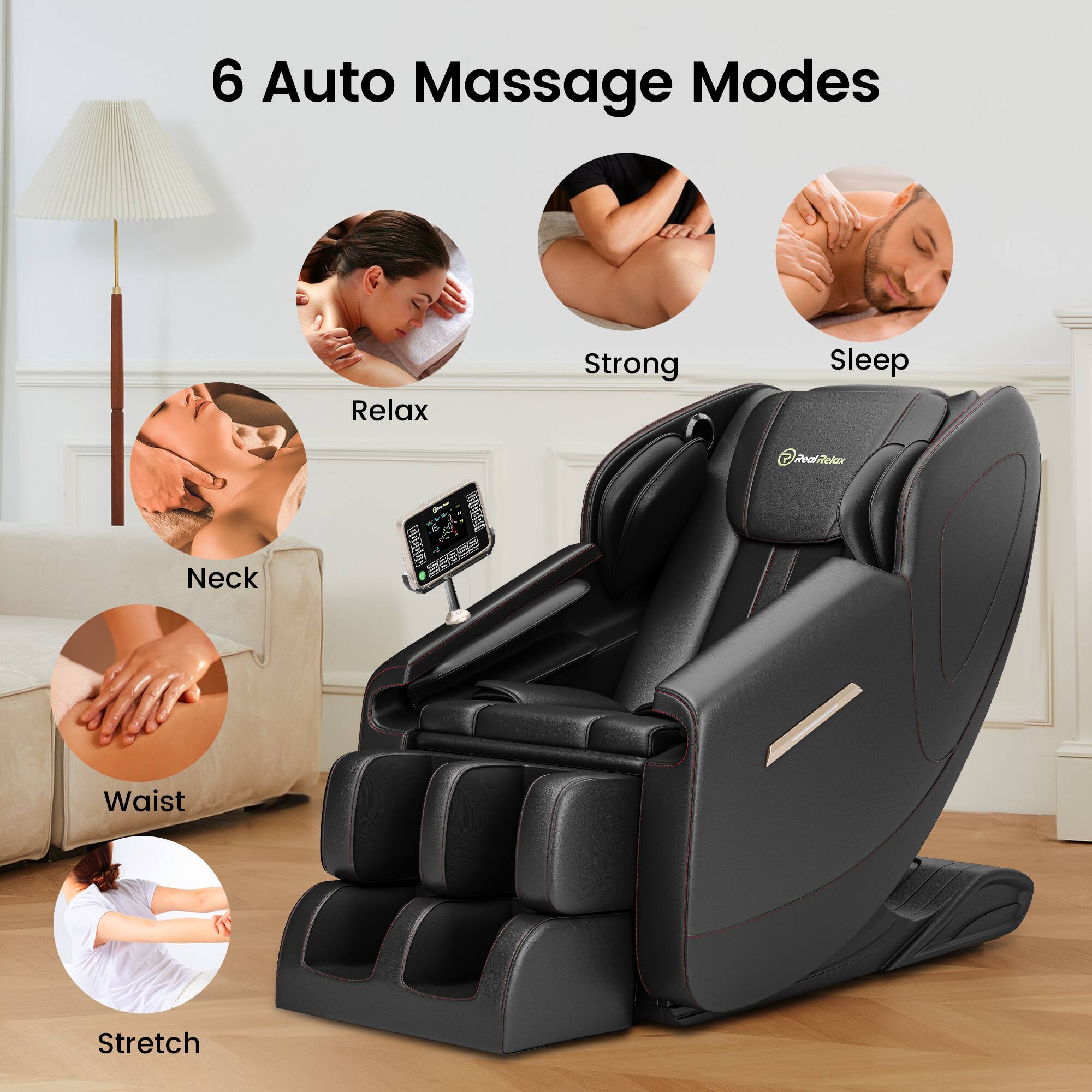 6 Auto Massage Modes

- Relax
- Strong
- Sleep
- Neck
- Waist
- Stretch