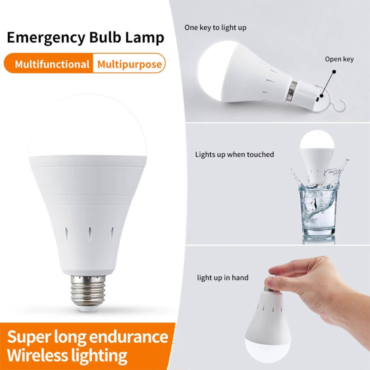 Emergency Bulb Lamp  
Multifunctional  
Multipurpose  

One key to light up  
Open key  

Lights up when touched  

Light up in hand  

Super long endurance  
Wireless lighting