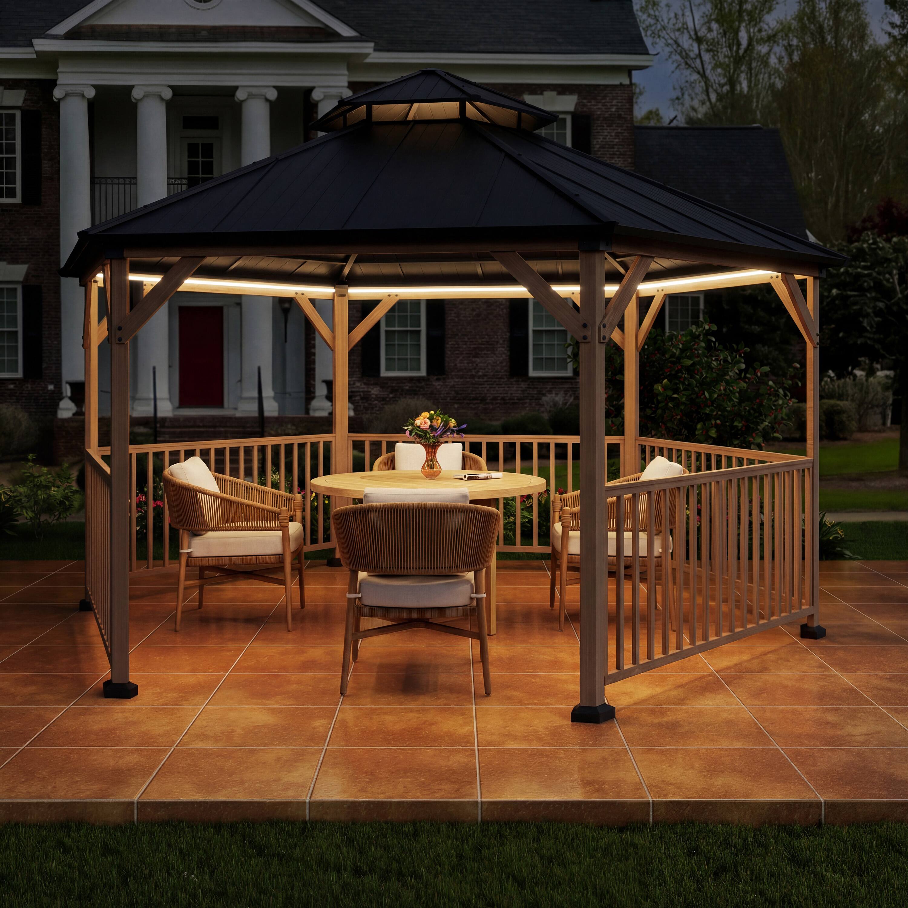 Angle. Mondawe - 15Ft Hexagonal Hardtop Gazebo with Solar LED Light and Modular Safety Fence - Gray.