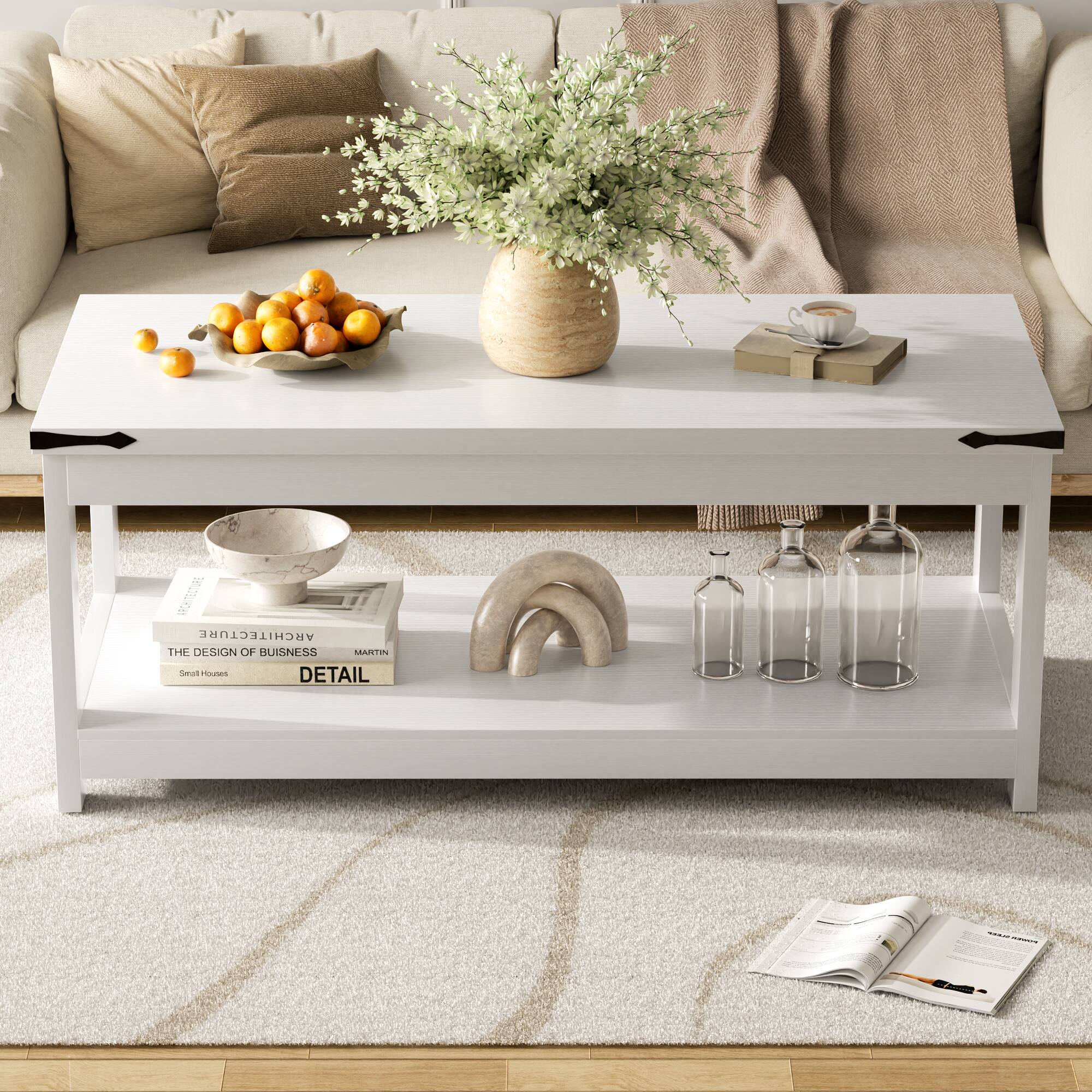 Aheaplus - 43.3" Wood Farmhouse Coffee Table with Storage Shelf, Modern Living Room Centerpiece - White