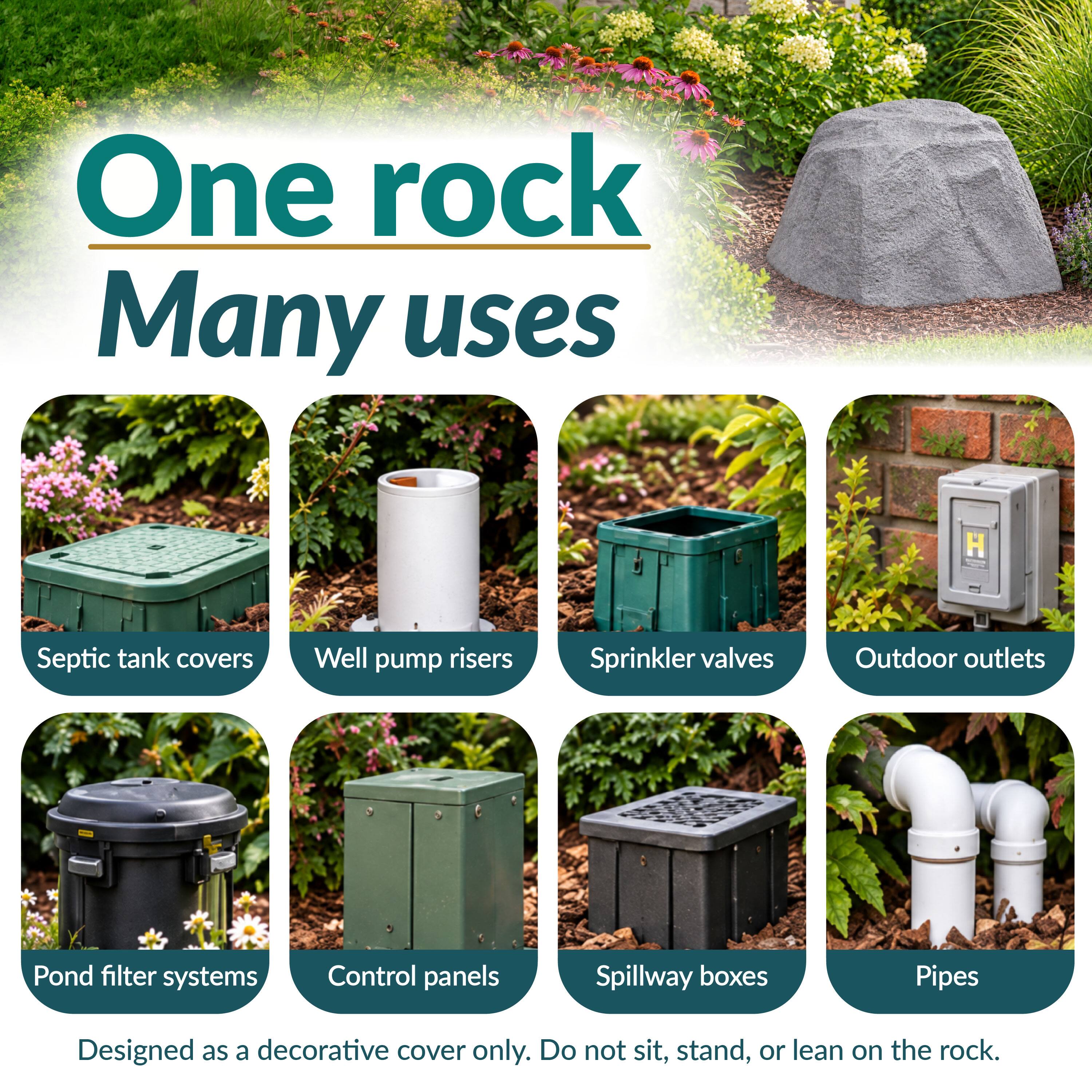 One rock Many uses

Septic tank covers
Well pump risers
Sprinkler valves
Outdoor outlets
Pond filter systems
Control panels
Spillway boxes
Pipes

Designed as a decorative cover only. Do not sit, stand, or lean on the rock.