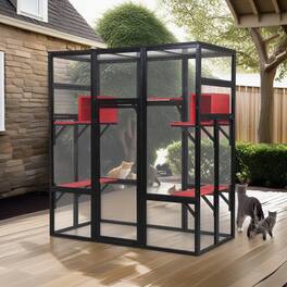 Pefilos - 70" Outdoor Cat House for Large Cats, Wood Cat Cage with Platforms, Gothic Kitty Catio Condo Playpen