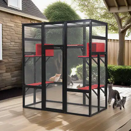 Front. Pefilos - 70" Outdoor Cat House for Large Cats, Wood Cat Cage with Platforms, Gothic Kitty Catio Condo Playpen.