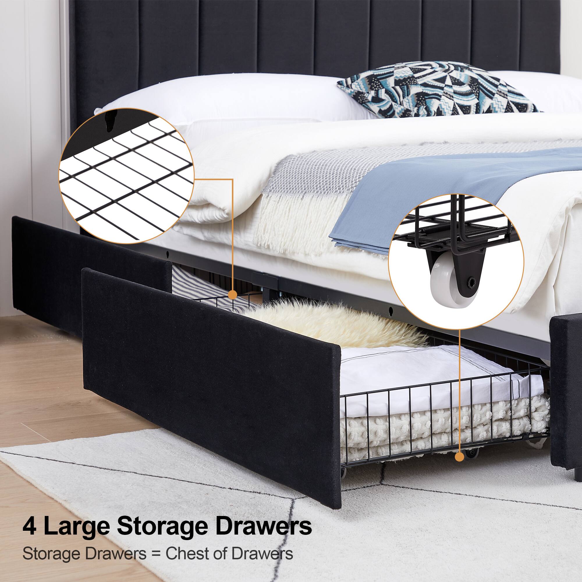 4 Large Storage Drawers  
Storage Drawers = Chest of Drawers