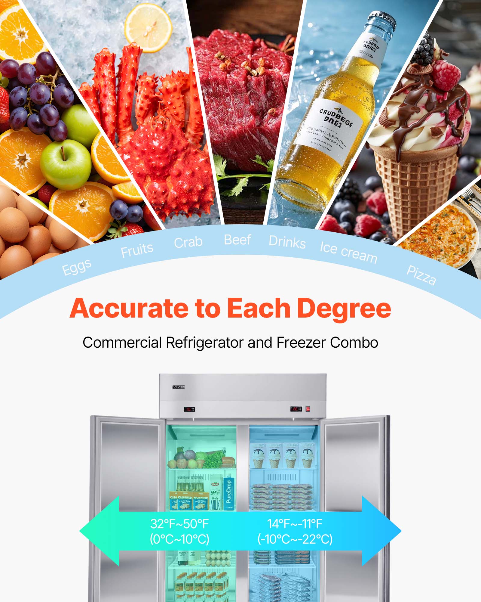 ALCLER caine AVOS CRUDBEGE rane - RENCHI ENCHLARI

Crab Beef Drinks Fruits Ice cream Eggs Pizza

Accurate to Each Degree

Commercial Refrigerator and Freezer Combo

MOA Can A PureDrop

32°F~50°F (0°C~10°C)

14°F~-11°F (-10°C~-22°C)