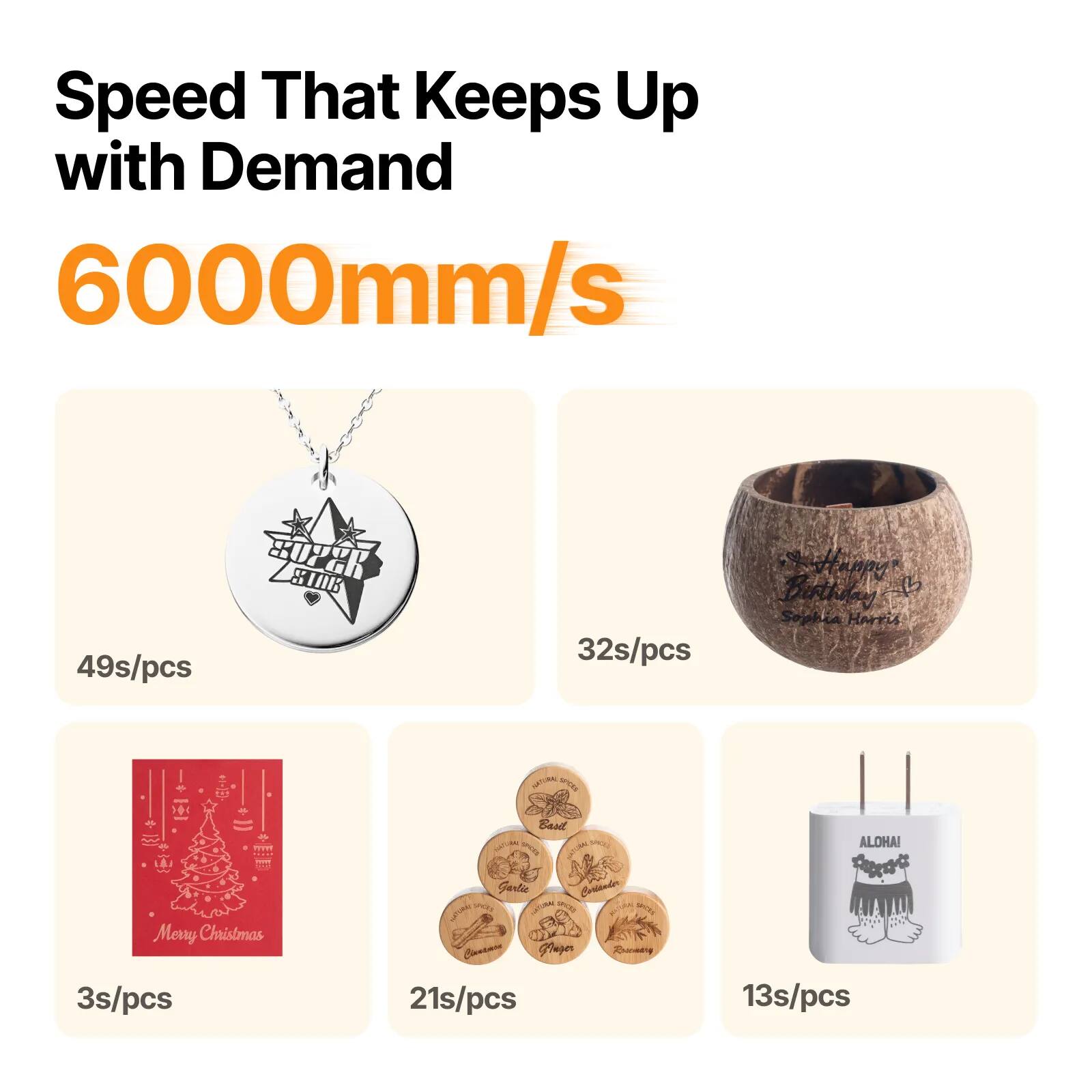 Speed That Keeps Up with Demand  
6000mm/s  

49s/pcs  
32s/pcs  
3s/pcs  
21s/pcs  
13s/pcs  

Hanpy Birthday  
Sophia Harris  
Merry Christmas  
ALOHA!