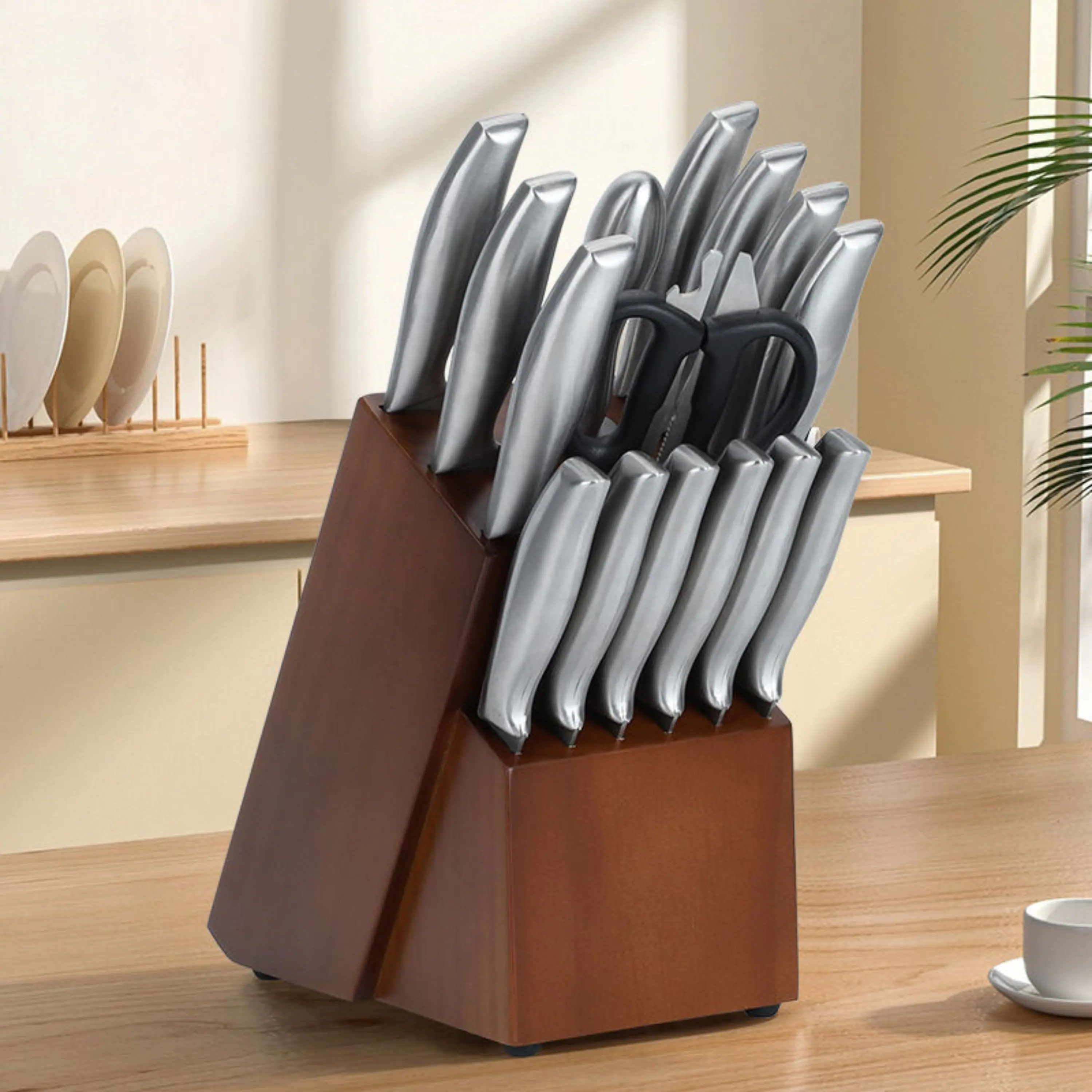 Back. Kitcheniva - 16-Piece Stainless Steel Knife Set with Wood Block and Hollow Handle.