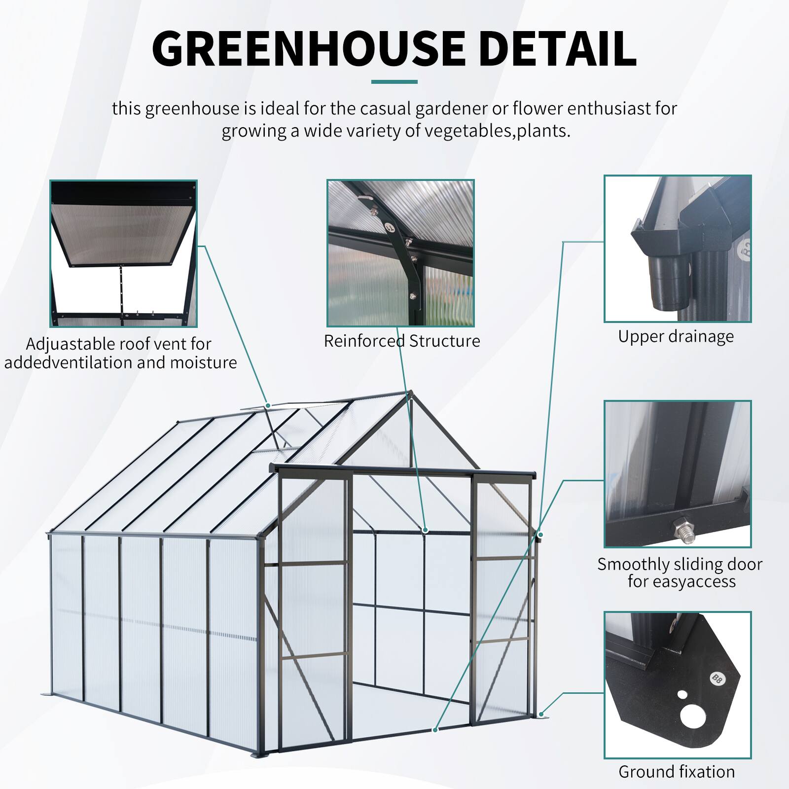 Alt View 1. TinyHomie - 8x10FT Double Door Polycarbonate Greenhouse Raised Base and Anchor Aluminum Heavy Duty Walk-in Greenhouses in All Season.