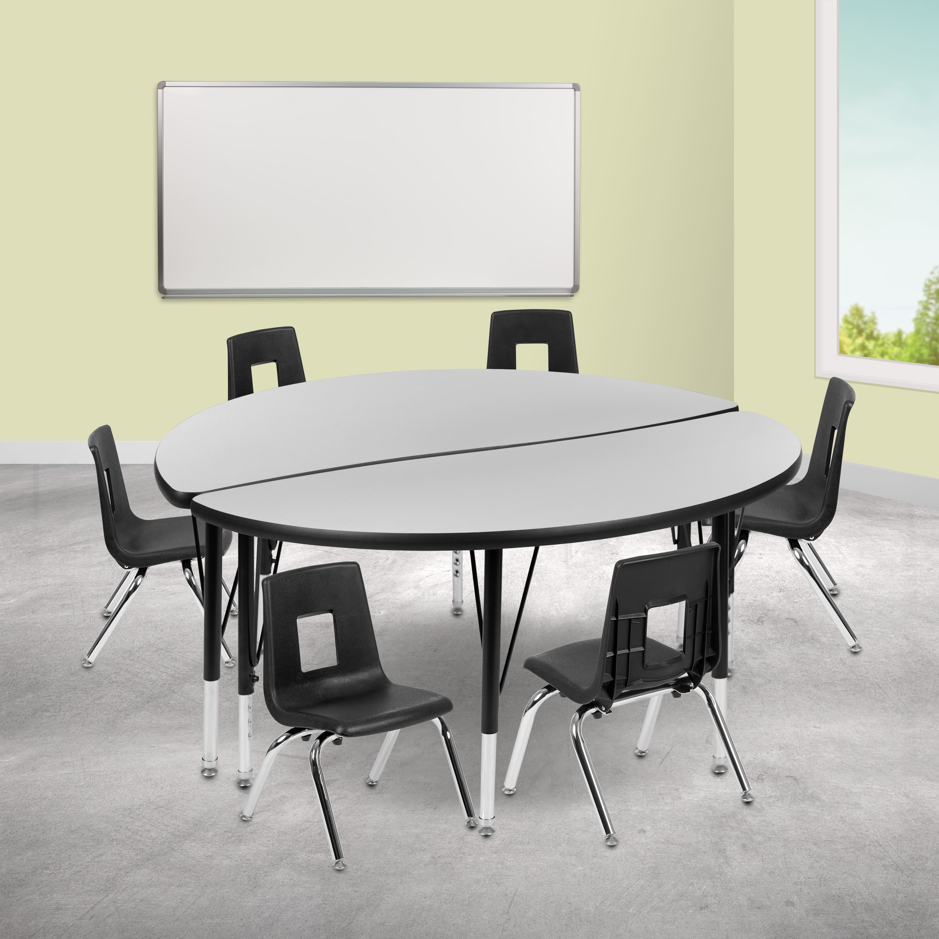 "Emma + Oliver - 47.5"" Circle Wave Collaborative Laminate Activity Table Set with 14"" Student Stack Chairs - Gray" price history on PriceWatchPro