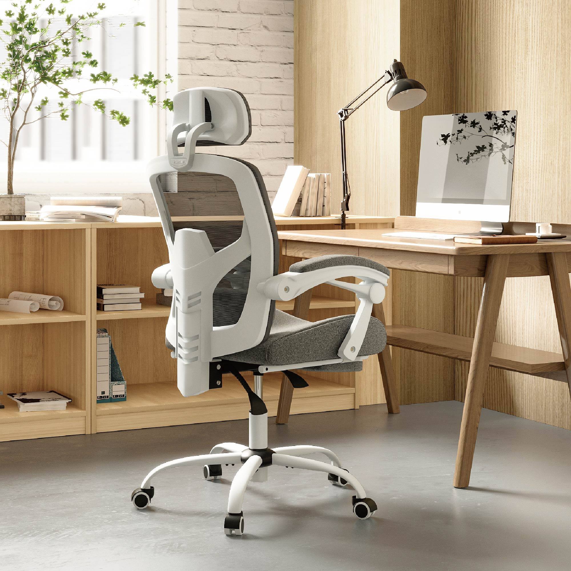 Angle. AENKYO - Swivel Office Chair Ergonomic Chairwith Lumbar Support Pillow and Padded Armrests,Retractable Footrest - Gray.