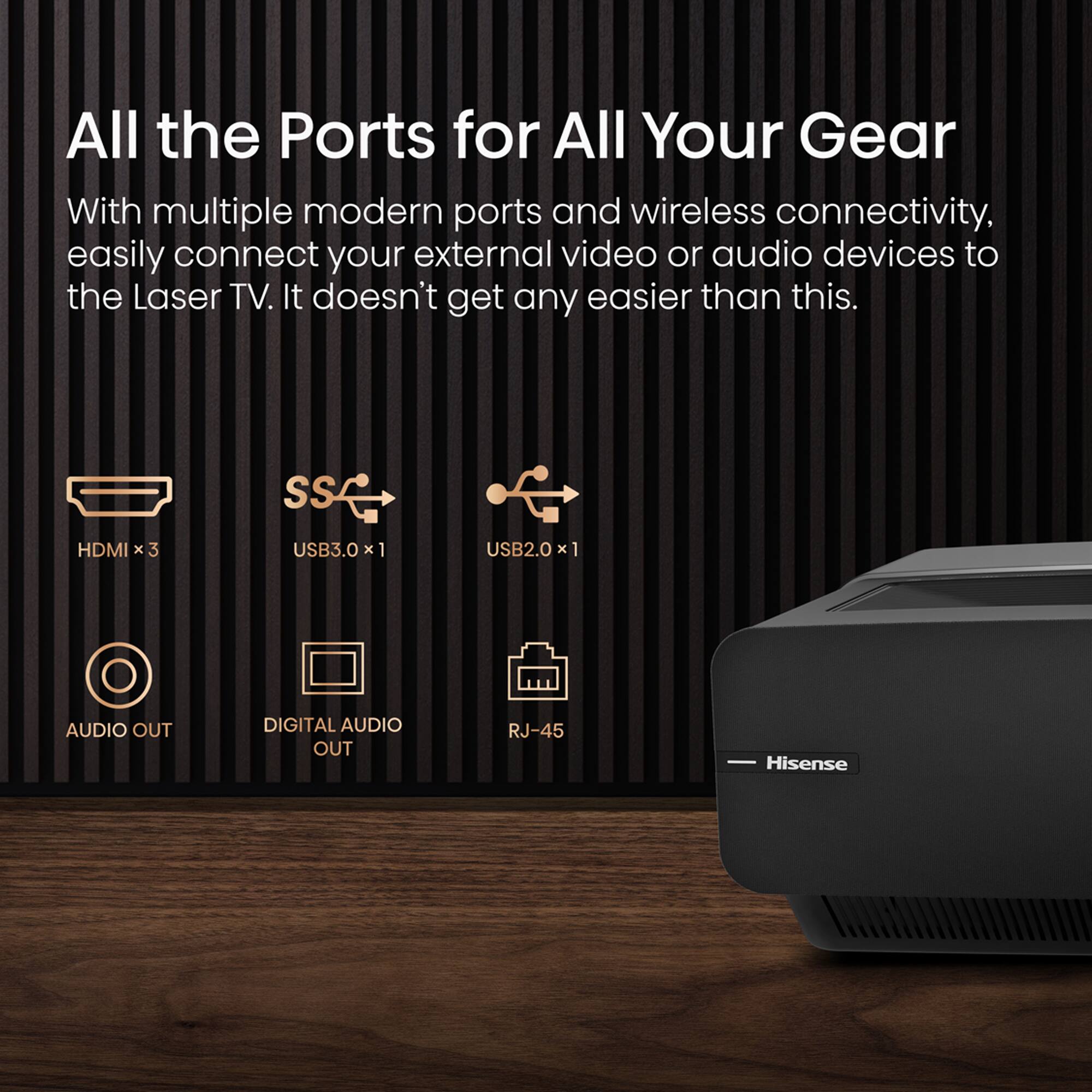 Left. Hisense - L5G Laser TV Ultra Short Throw Projector with 100" ALR Screen, 4K UHD, 2700 Lumens, HDR10, Android TV - Black.