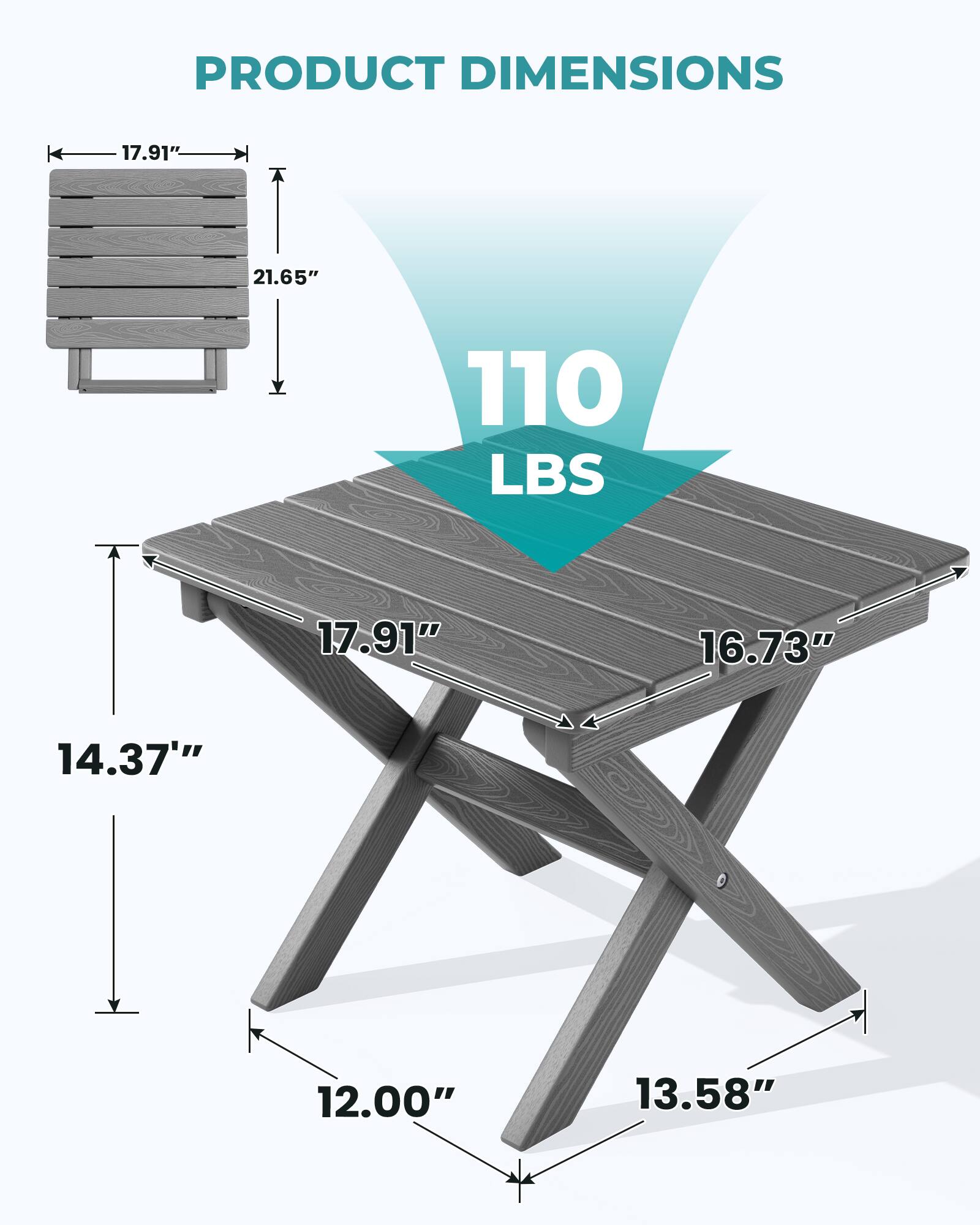 PRODUCT DIMENSIONS
17.91"
21.65"
110 LBS
17.91"
16.73"
14.37"
12.00"
13.58"