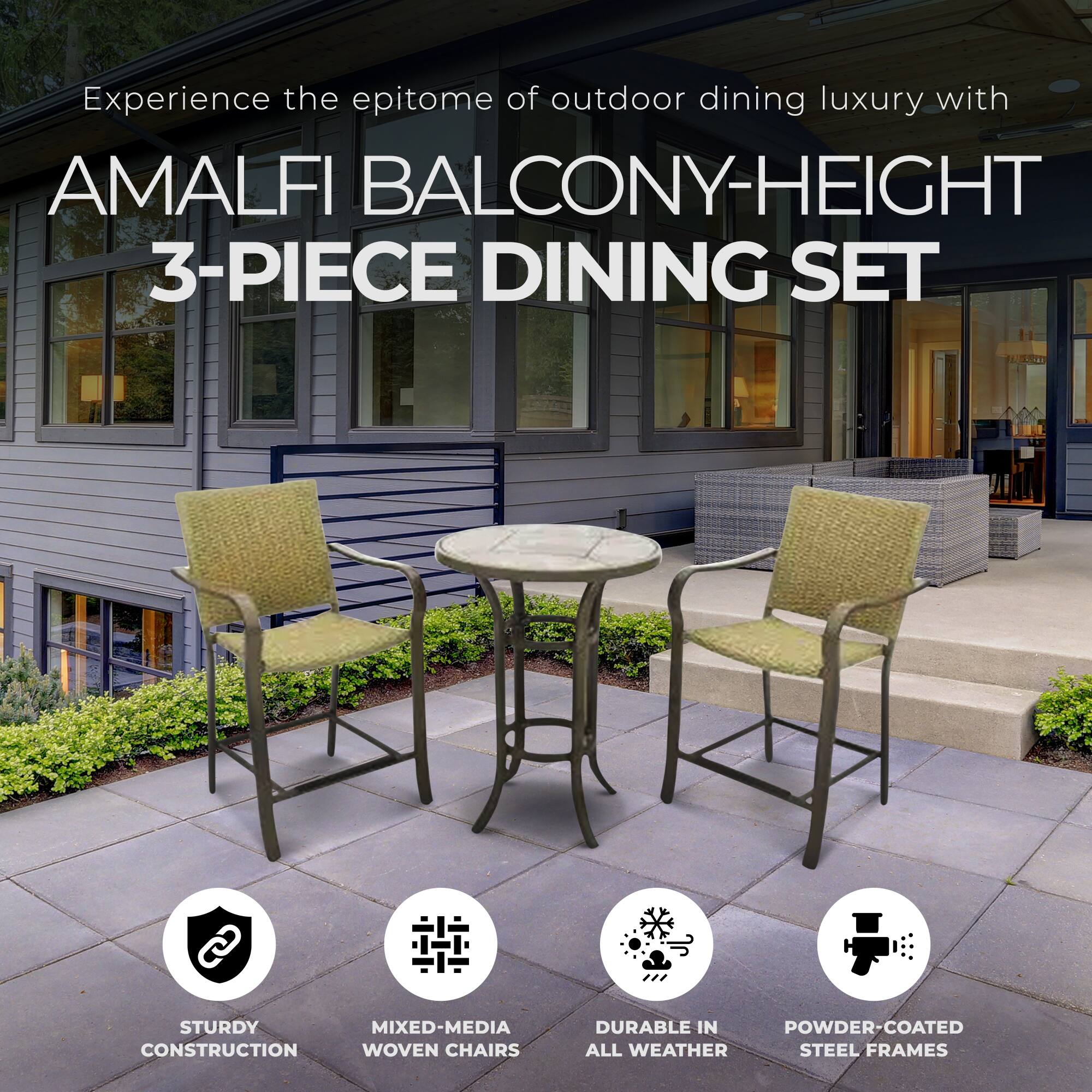 Experience the epitome of outdoor dining luxury with AMALFI BALCONY-HEIGHT 3-PIECE DINING SET. AddAL STURDY MIXED-MEDIA CONSTRUCTION WOVEN CHAIRS DURABLE IN POWDER-COATED ALL WEATHER STEEL FRAMES