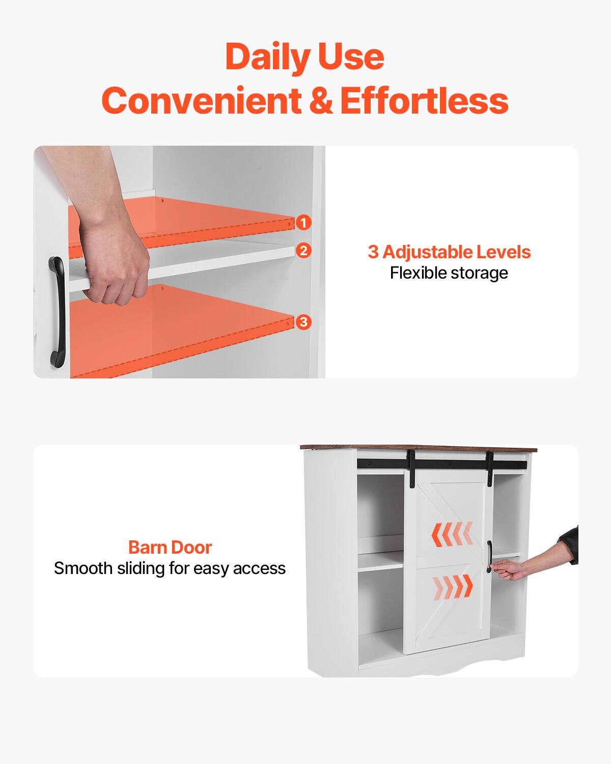 Daily Use  
Convenient & Effortless  

1. 3 Adjustable Levels  
   Flexible storage  

2. Barn Door  
   Smooth sliding for easy access