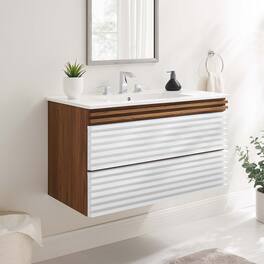 Modway - Render Wall-Mount Bathroom Vanity with White Basin Included - White Walnut White