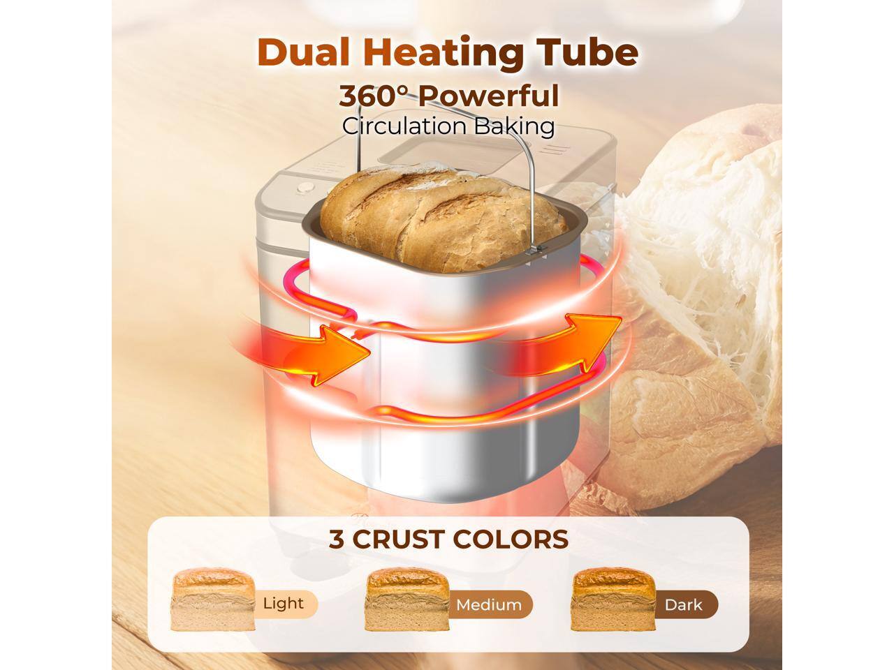 Dual Heating Tube  
360° Powerful Circulation Baking  
3 CRUST COLORS  
Light  
Medium  
Dark