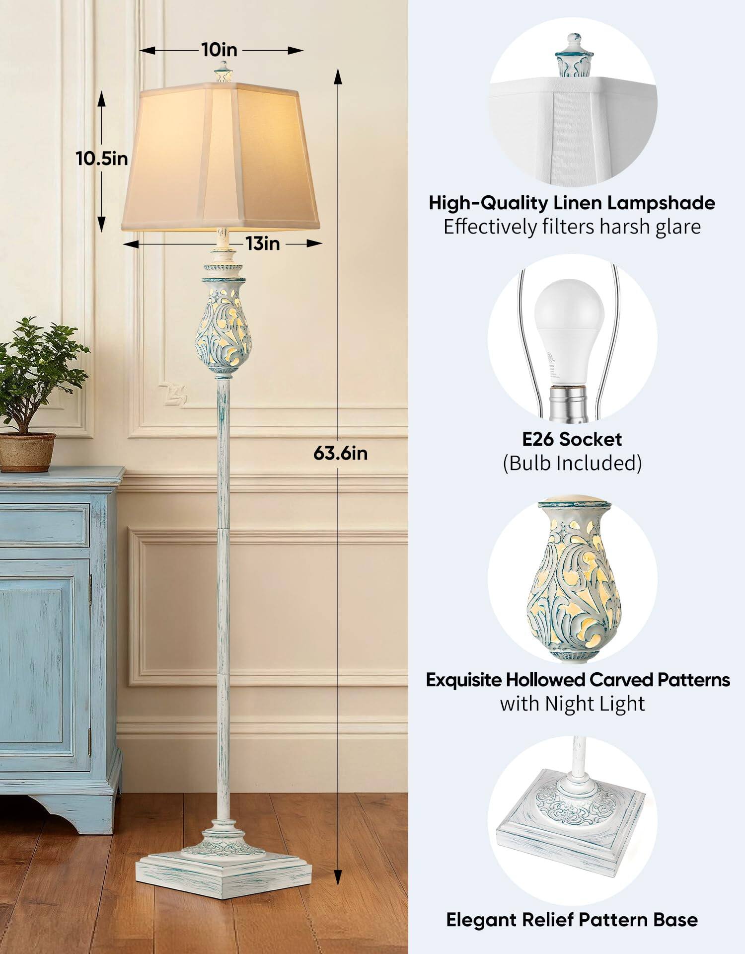 10in 10.5in 13in High-Quality Linen Lampshade Effectively filters harsh glare  
4 63.6in E26 Socket (Bulb Included)  
Exquisite Hollowed Carved Patterns with Night Light  
Elegant Relief Pattern Base