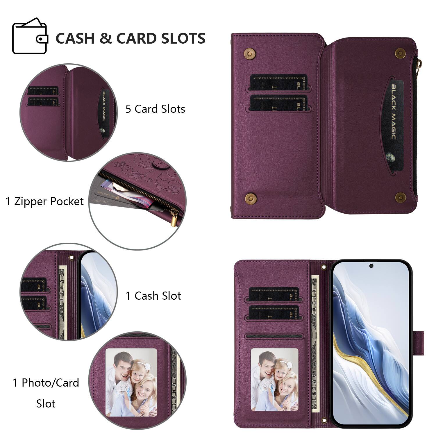 CASH & CARD SLOTS

- 5 Card Slots
- 1 Zipper Pocket
- 1 Cash Slot
- 1 Photo/Card Slot