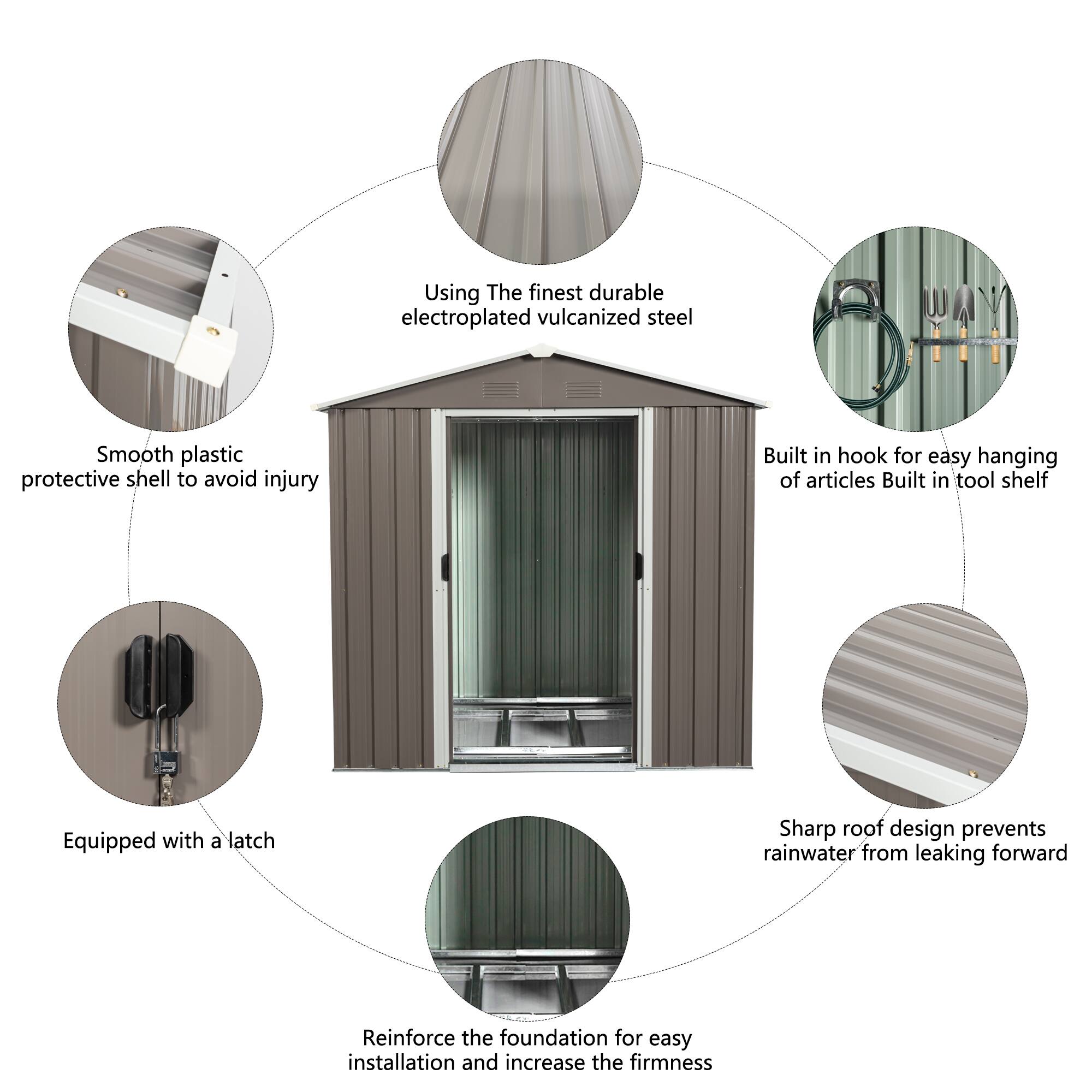 Using the finest durable electroplated vulcanized steel  
Smooth plastic protective shell to avoid injury  
Built-in hook for easy hanging of articles  
Built-in tool shelf  
Equipped with a latch  
Sharp roof design prevents rainwater from leaking forward  
Reinforce the foundation for easy installation and increase the firmness