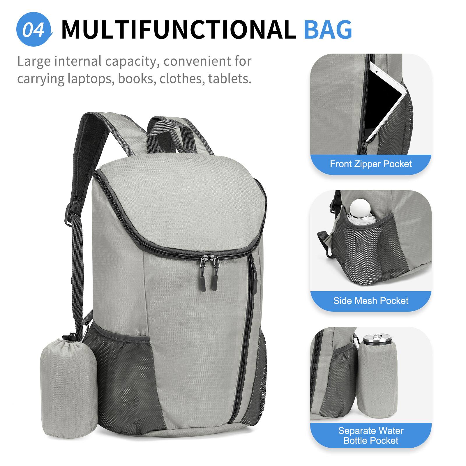 04 MULTIFUNCTIONAL BAG

Large internal capacity, convenient for carrying laptops, books, clothes, tablets.

- Front Zipper Pocket
- Side Mesh Pocket
- Separate Water Bottle Pocket