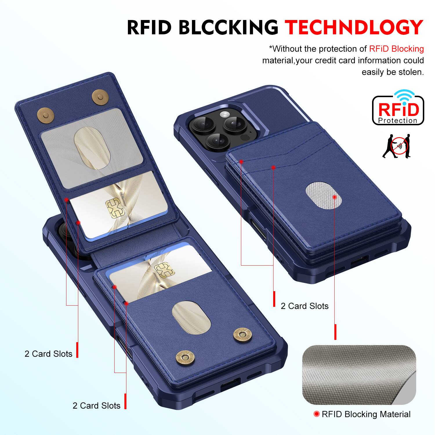 RFID BLOCKING TECHNOLOGY

*Without the protection of RFID Blocking material, your credit card information could easily be stolen.

RFID Protection

2 Card Slots

2 Card Slots

2 Card Slots

RFID Blocking Material