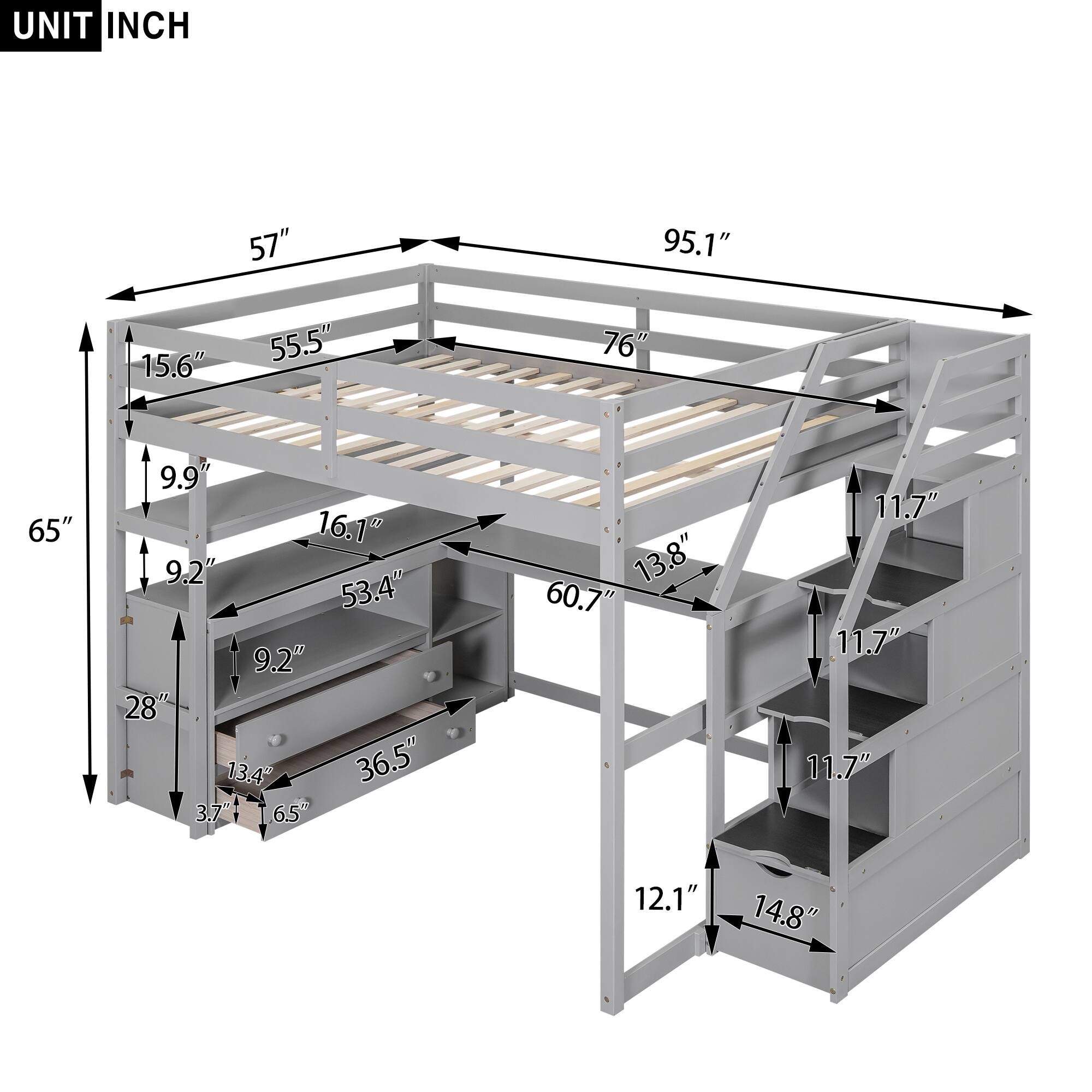 UNIT INCH

- 95.1"
- 76"
- 57"
- 65"
- 15.6"
- 55.5"
- 9.9"
- 16.1"
- 9.2"
- 53.4"
- 9.2"
- 28"
- 13.4"
- 36.5"
- 3.7"
- 6.5"
- 13.8"
- 60.7"
- 11.7"
- 11.7"
- 11.7"
- 12.1"
- 14.8"
- 13.8"
- 11.7"
- 11.7"
- 11.7"
- 12.1"
- 14.8"