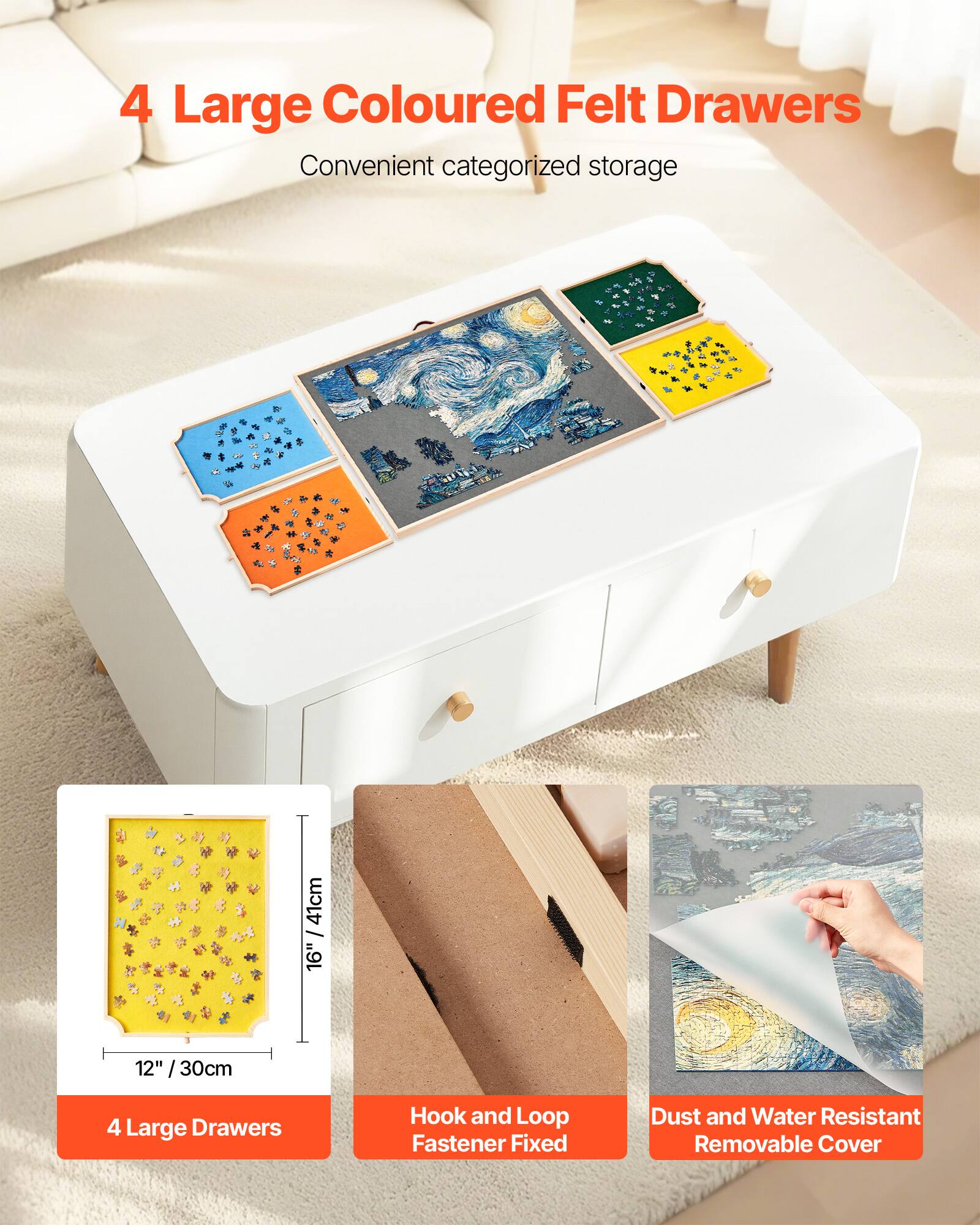 4 Large Coloured Felt Drawers, Convenient categorized storage, 4 Large Drawers, Hook and Loop Fastener Fixed, Dust and Water Resistant Removable Cover