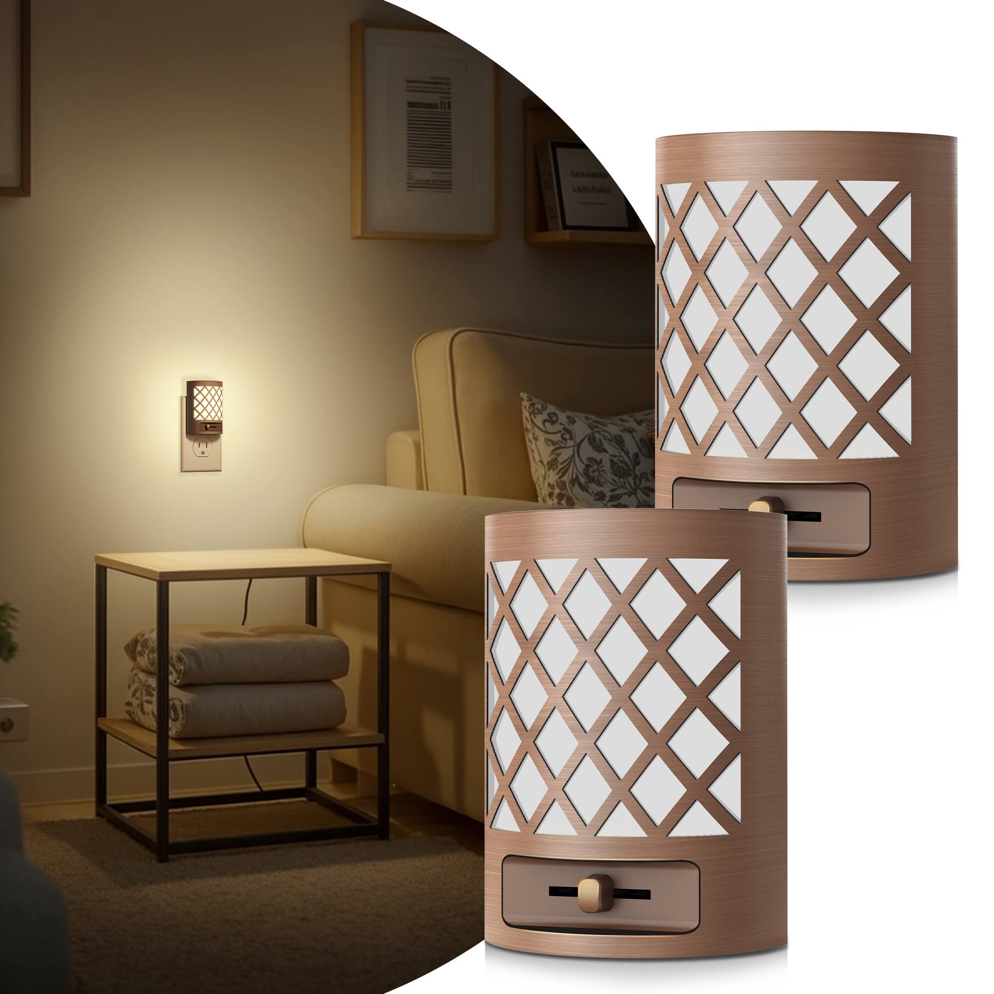 Angle. Jandcase - JANDCASE 2-Pack 1W  Plug-in Night Light, 3000K Warm Glow with Slide Dimmer 0-100%, Dusk-to-Dawn Sensor - Brown.