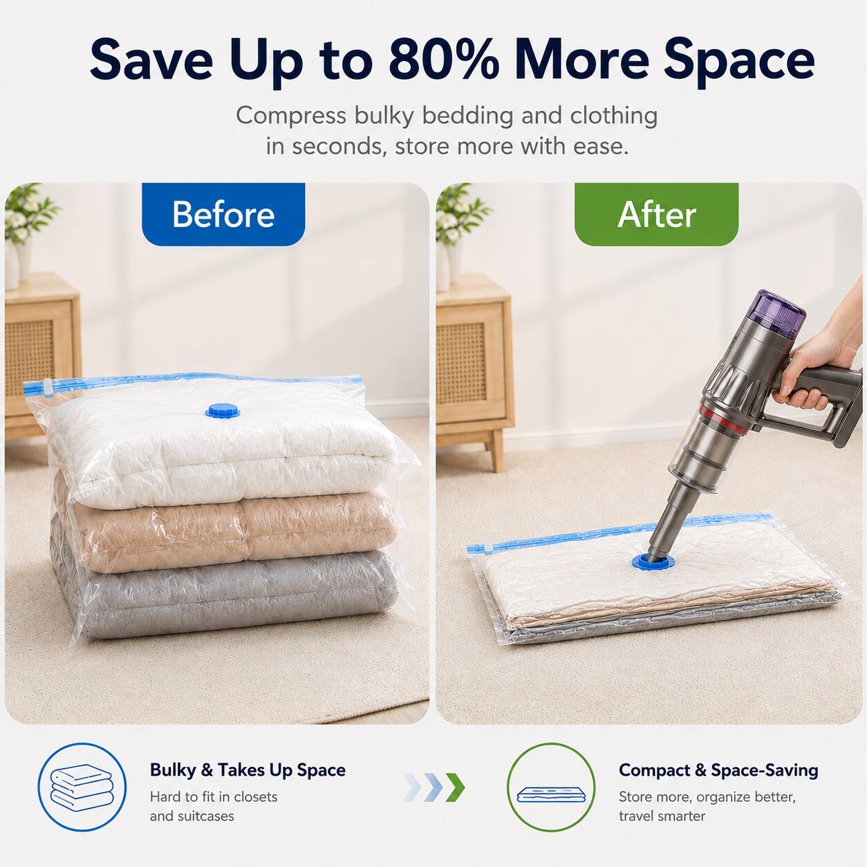 Save Up to 80% More Space  
Compress bulky bedding and clothing in seconds, store more with ease.

Before  
After

Bulky & Takes Up Space  
Hard to fit in closets and suitcases

Compact & Space-Saving  
Store more, organize better, travel smarter